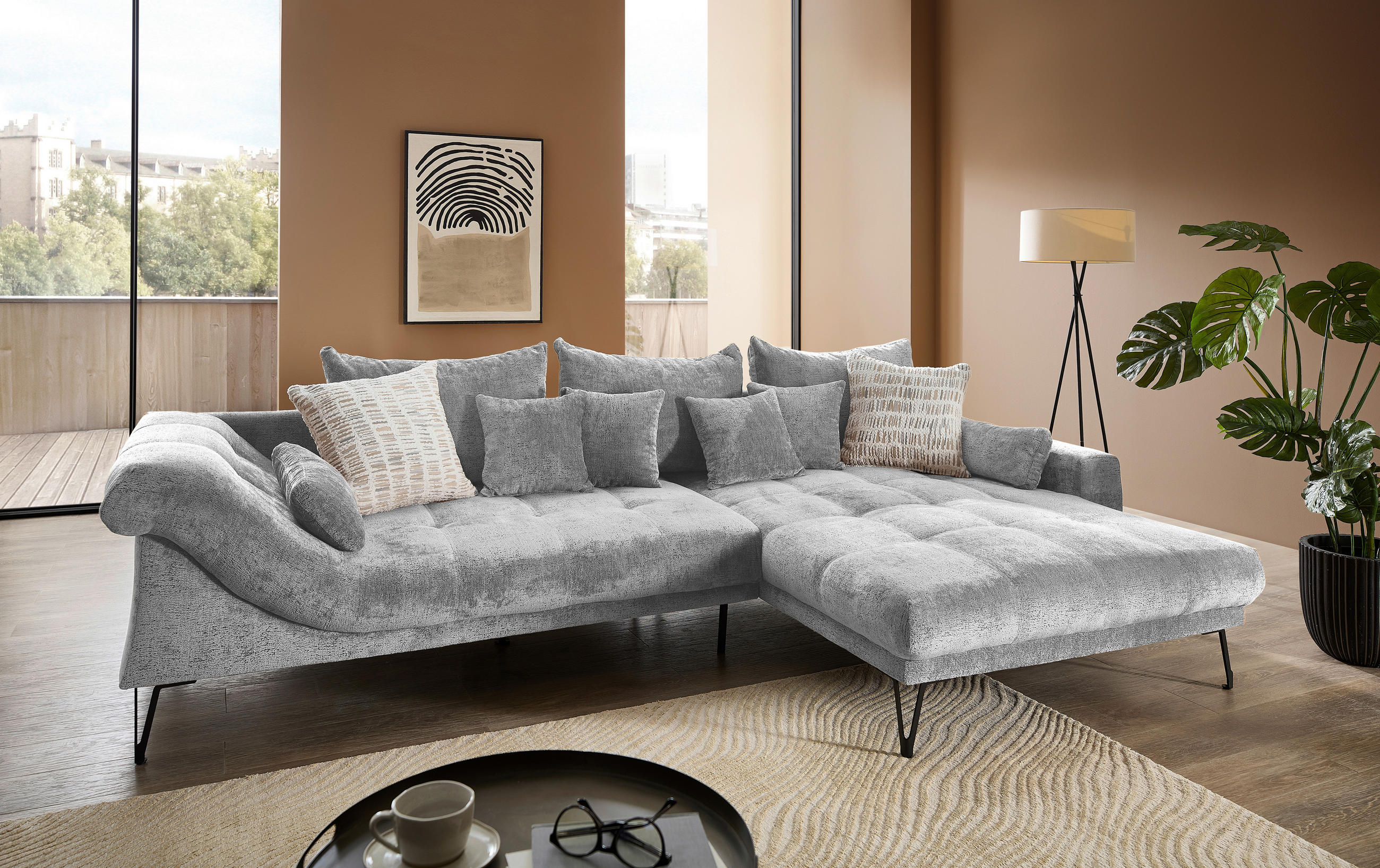 ECKSOFA GARDA in Chenille Silberfarben  310/192 cm  - Silberfarben/Schwarz, KONVENTIONELL, Textil/Metall (310/192cm) - Livetastic