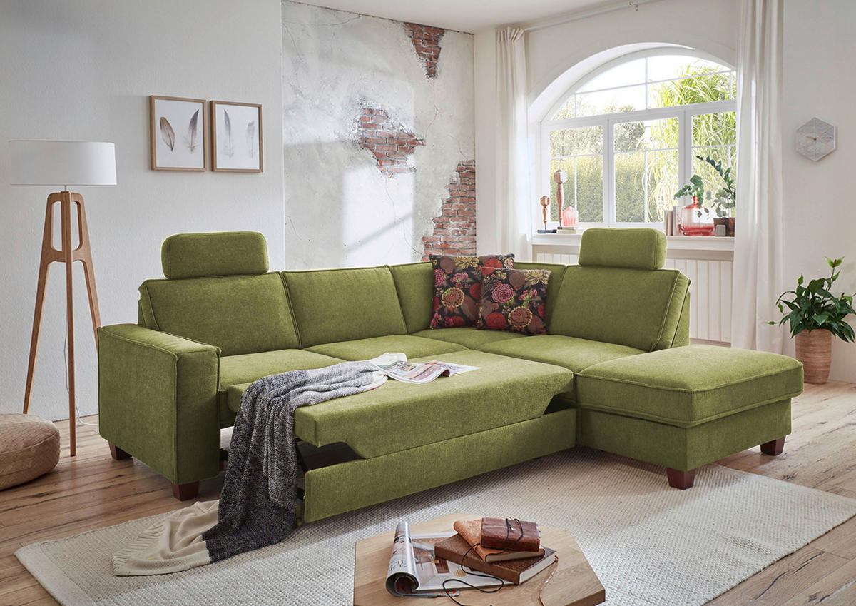 ECKSOFA in Chenille, Flachgewebe Dunkelgrün  - Dunkelgrün/Nussbaumfarben, Konventionell, Holz/Textil (236/213cm) - Sit & More