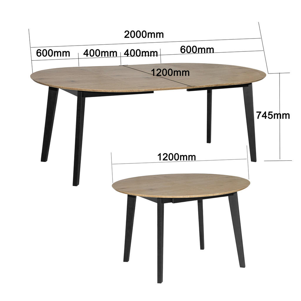 Thumbnail - Mid.you Ausziehtisch, Schwarz, Eiche, Holz, Holzwerkstoff, Kautschukholz, vollmassiv, rund, würfelförmig, 120-200x74x120...