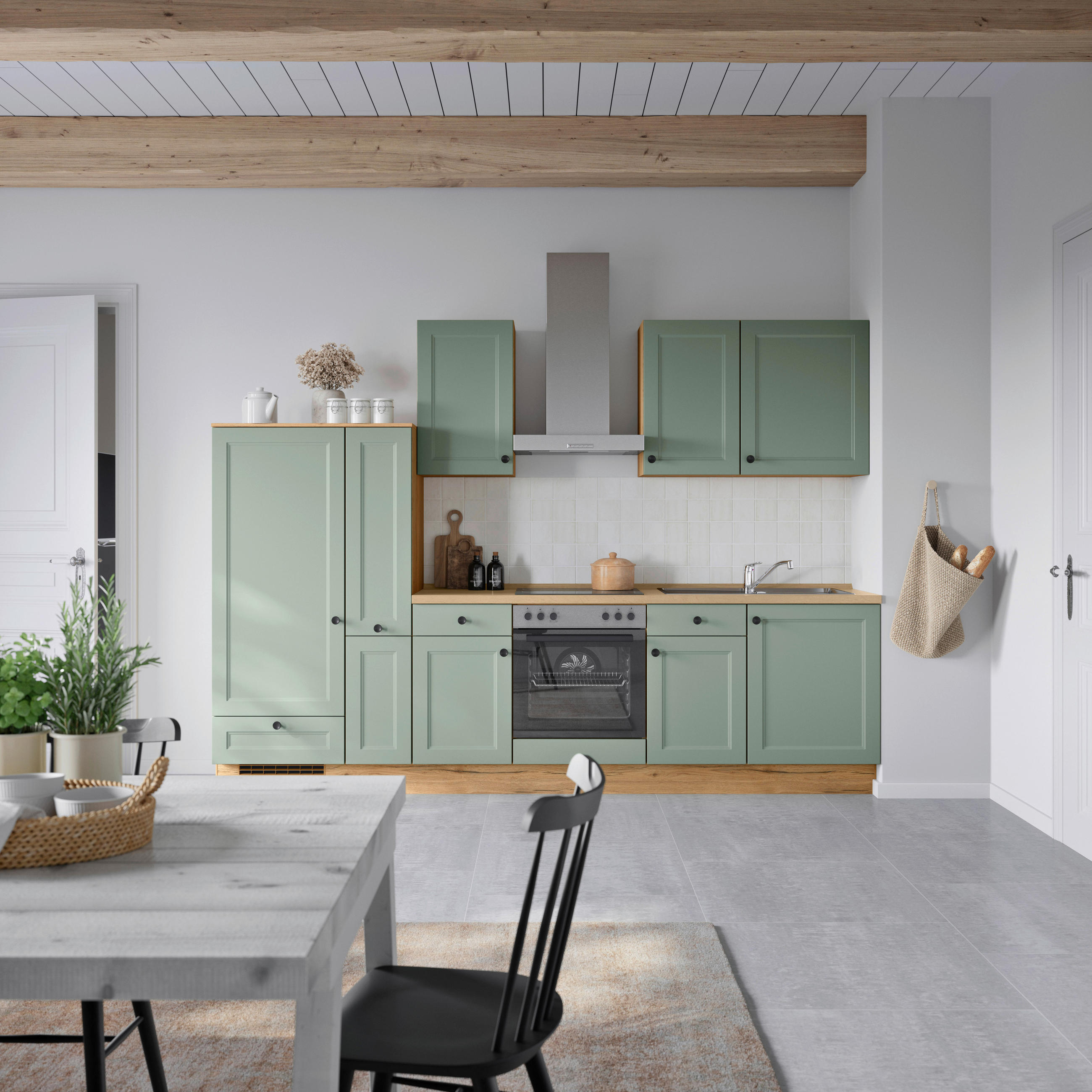 KÜCHENBLOCK 300 cm   in Eichefarben, Schilfgrün  - Schilfgrün/Eichefarben, MODERN, Holzwerkstoff/Metall (300cm) - Nobilia