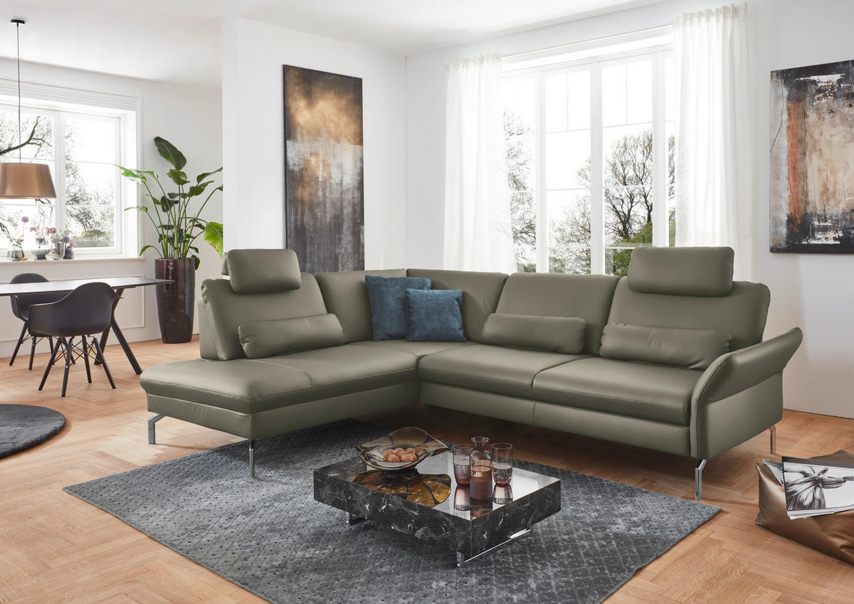 ECKSOFA in Echtleder Hellgrau  220/284 cm  - Hellgrau/Alufarben, KONVENTIONELL, Leder/Metall (220/284cm) - Beldomo Premium