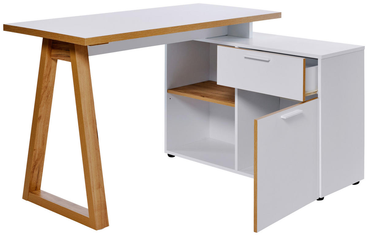 ECKSCHREIBTISCH 120-130/55-95/76,2 cm  in Weiß, Eichefarben  - Eichefarben/Weiß, MODERN, Holzwerkstoff/Metall (120-130/55-95/76,2cm) - Novel