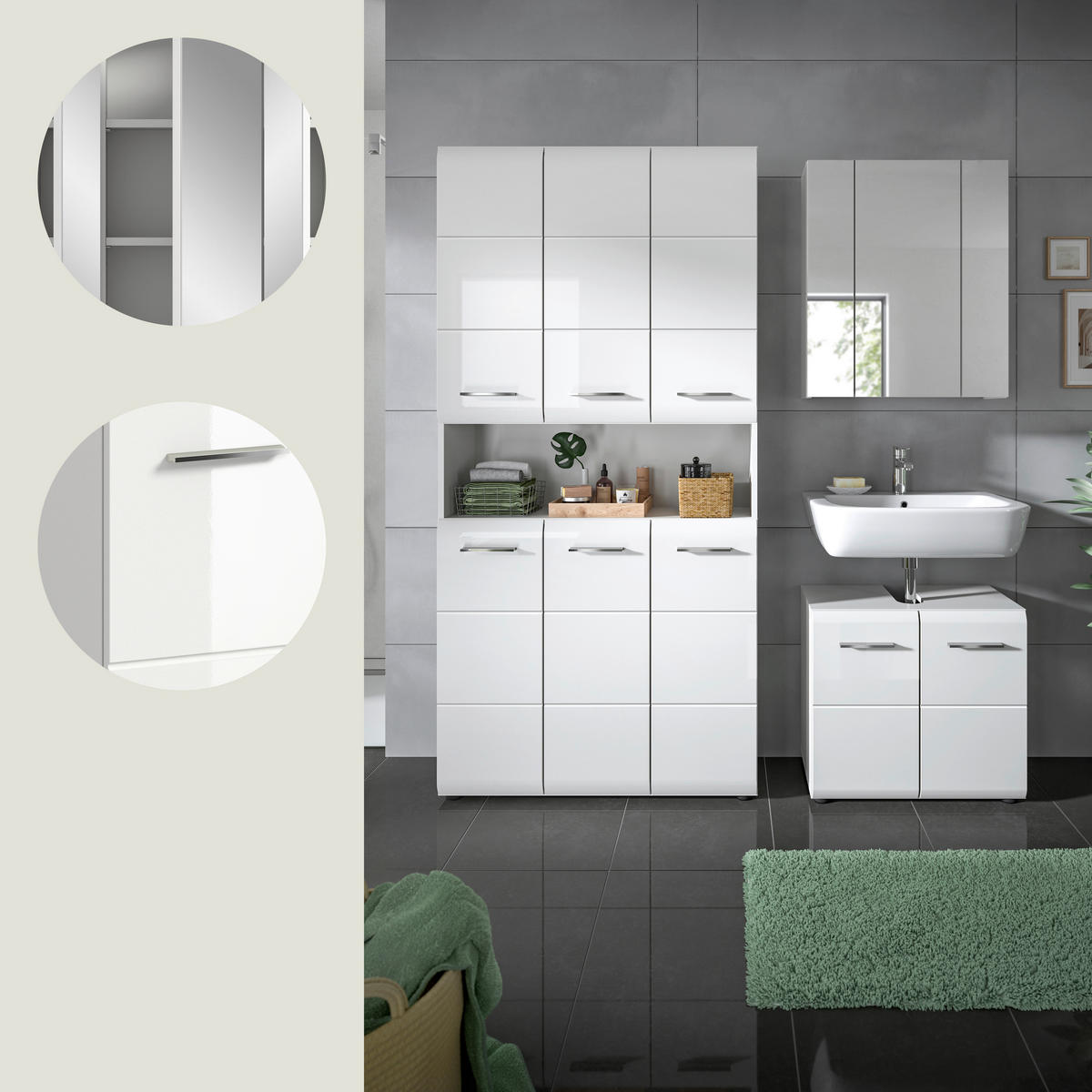 BADEZIMMER 3-teilig  in 150 cm  - Weiß Hochglanz/Silberfarben, MODERN, Holzwerkstoff/Kunststoff (150cm) - MID.YOU