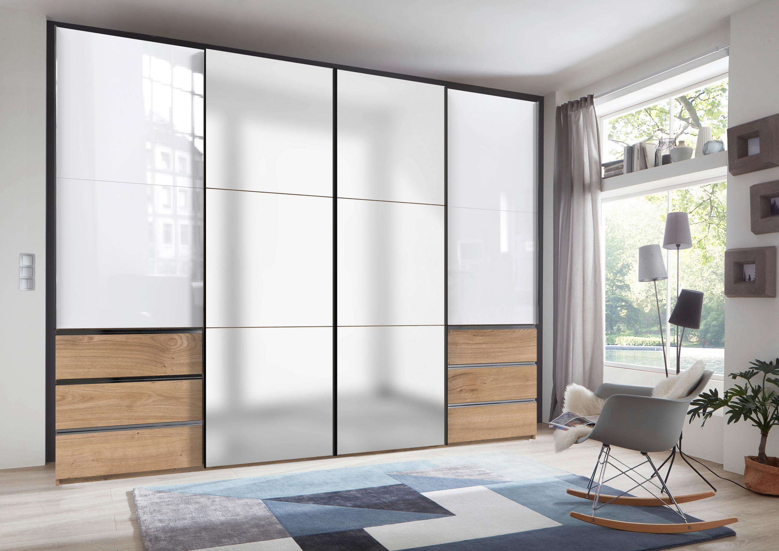 Dulap Cu Uși Culisante, 300/236/65 cm, culoare lemn stejar, alb lucios intens