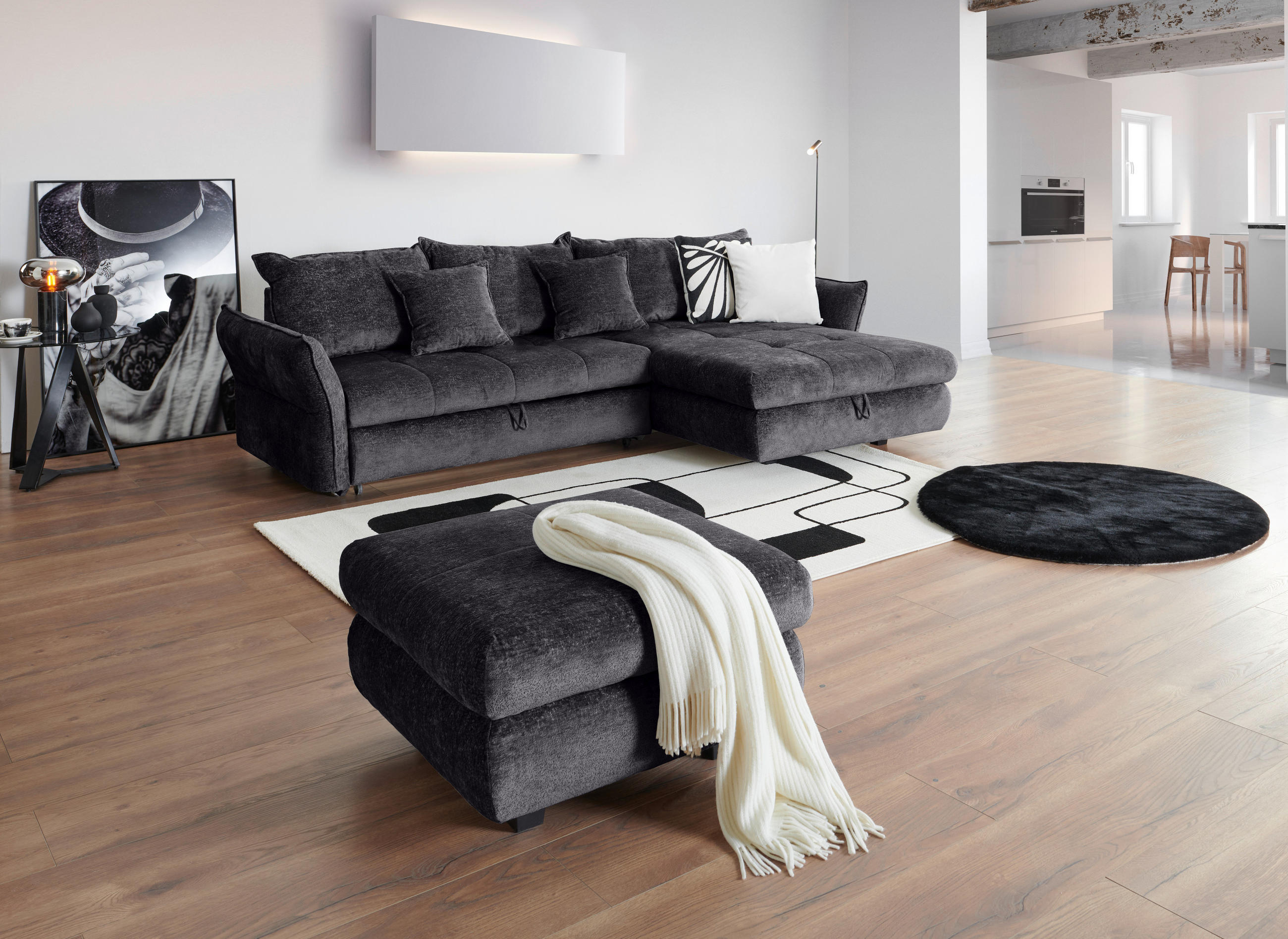 ECKSOFA Schwarz Chenille  - Schwarz, KONVENTIONELL, Kunststoff/Textil (180/275cm) - Stylife
