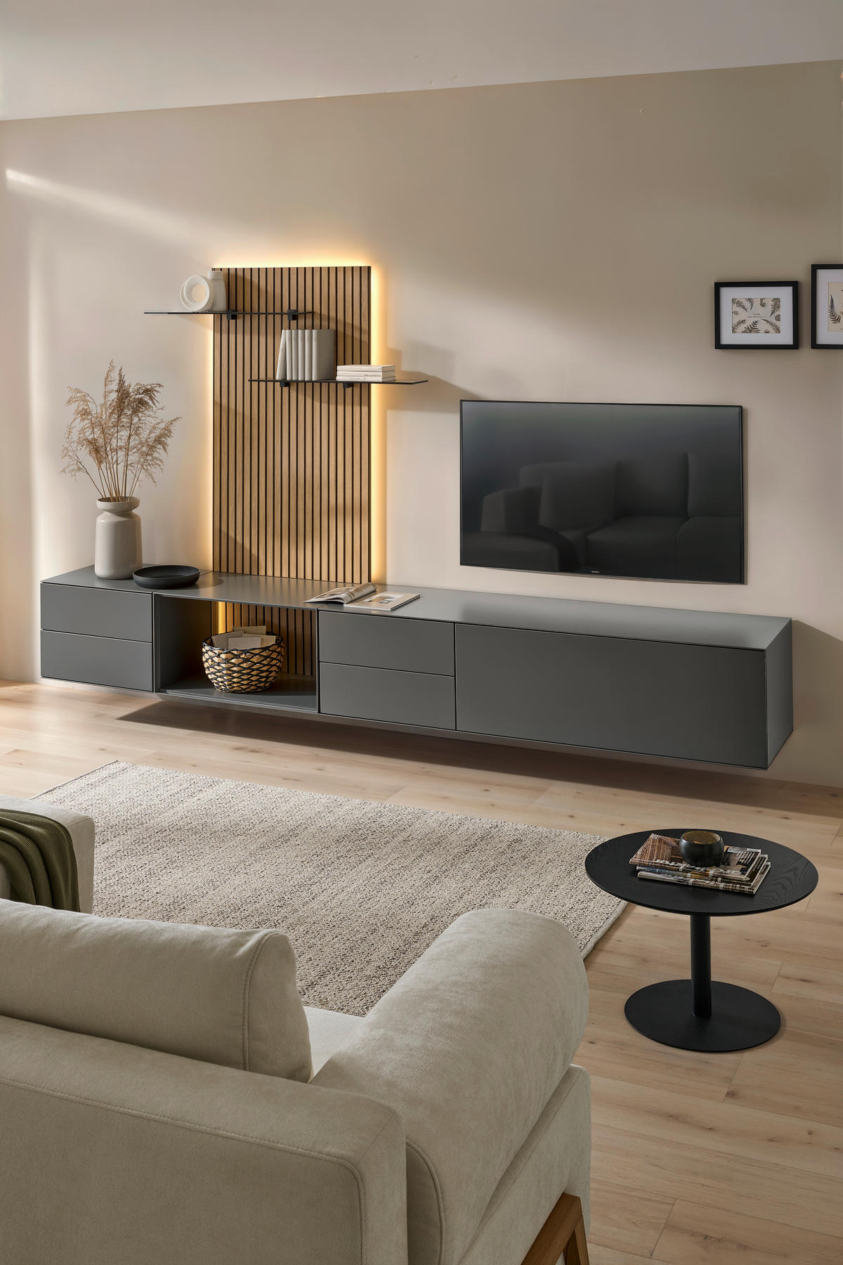 WOHNWAND  in Anthrazit, Eichefarben  321/160/50 cm  - Eichefarben/Anthrazit, Design, Glas/Holz (321/160/50cm) - Dieter Knoll