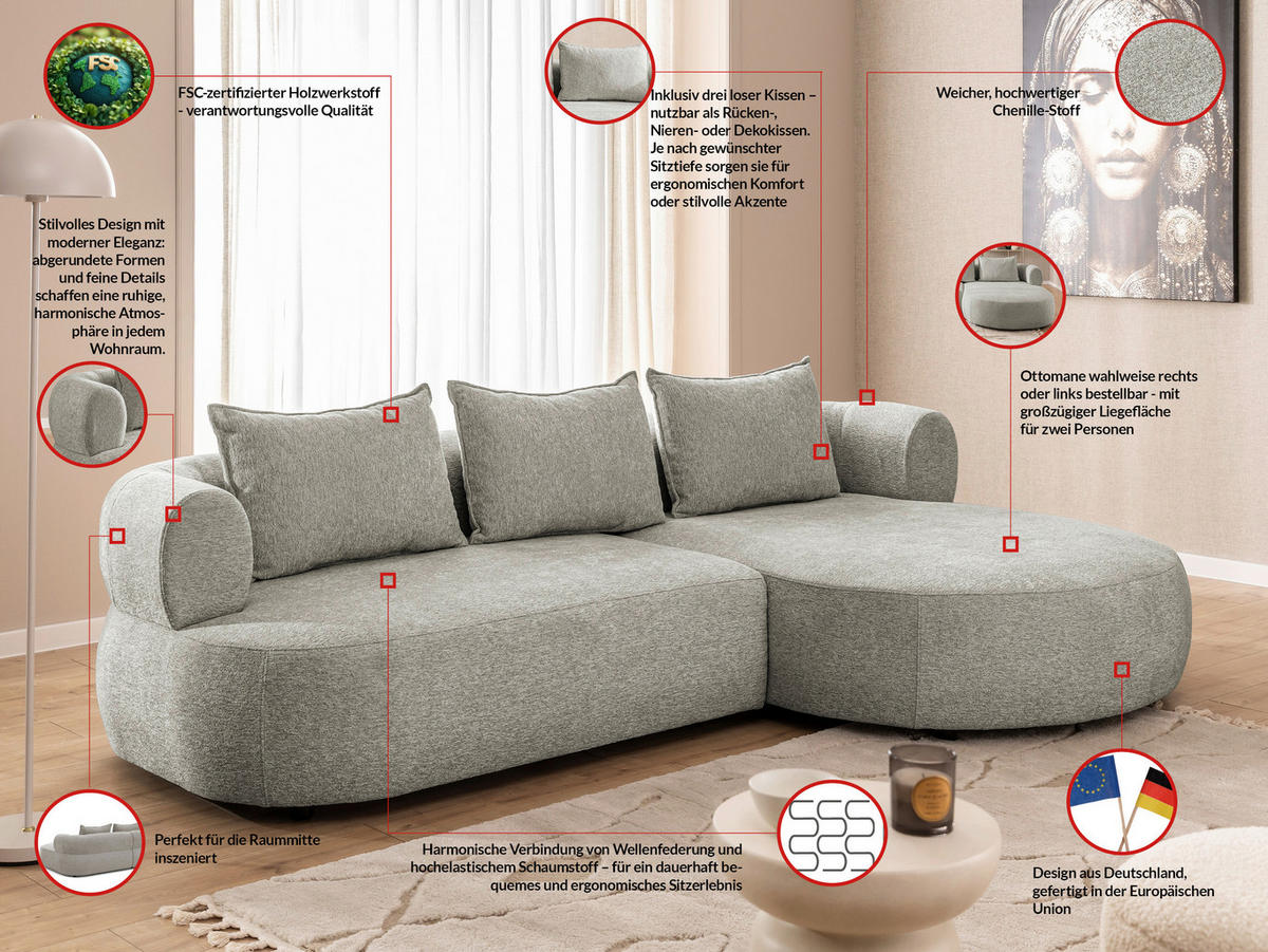 ECKSOFA in Chenille Hellgrau  - Hellgrau/Schwarz, Design, Kunststoff/Textil (256/156cm) - Livetastic