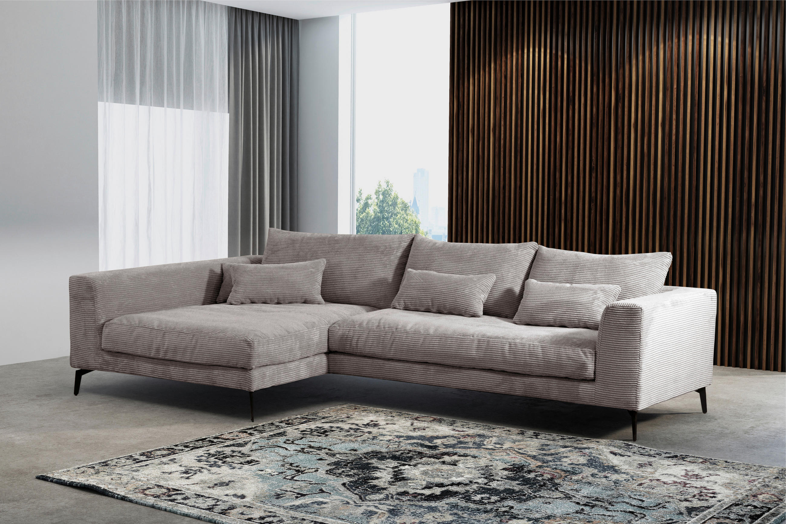 ECKSOFA Hellgrau Cord  - Hellgrau/Schwarz, Design, Textil/Metall (172/313cm) - Livetastic