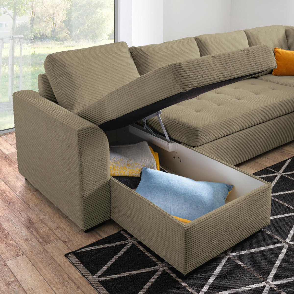 WOHNLANDSCHAFT in Velours, Cord Olivgrün  - Schwarz/Olivgrün, Design, Kunststoff/Textil (160/311/205cm) - Xora