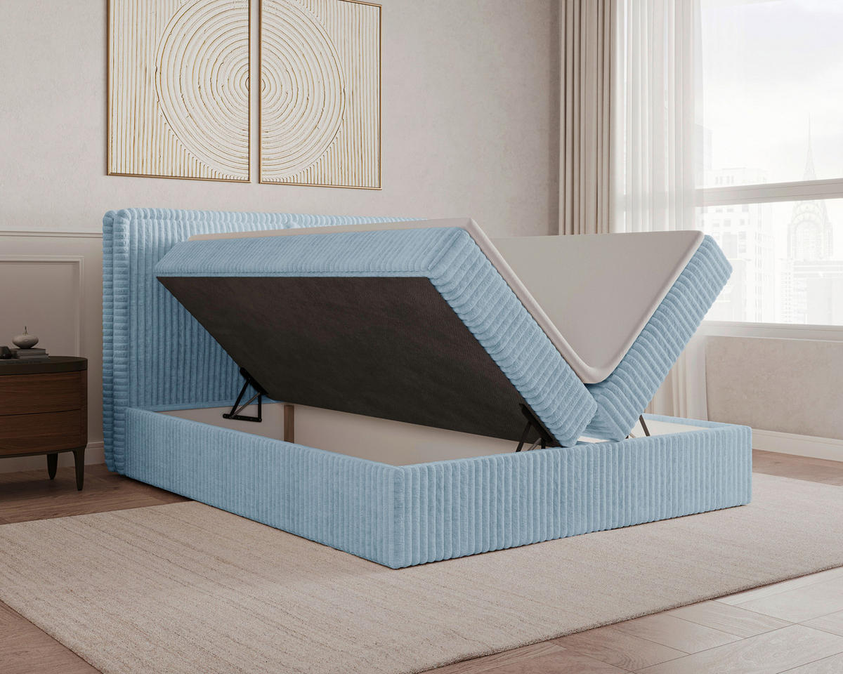 BOXBETT 180/200 cm,  in Blau, Bettkasten, Topper, H2 + H3 = mittel + fest  - Blau/Schwarz, MODERN, Holz/Kunststoff (180/200cm) - Livetastic