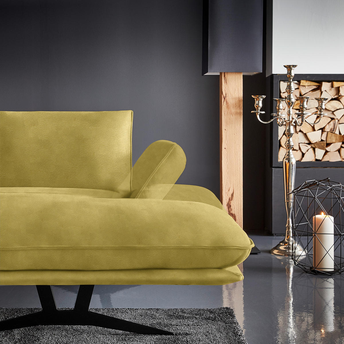 WOHNLANDSCHAFT in Echtleder Hellgrün  - Schwarz/Hellgrün, Natur, Leder/Metall (217/359/155cm) - Dieter Knoll