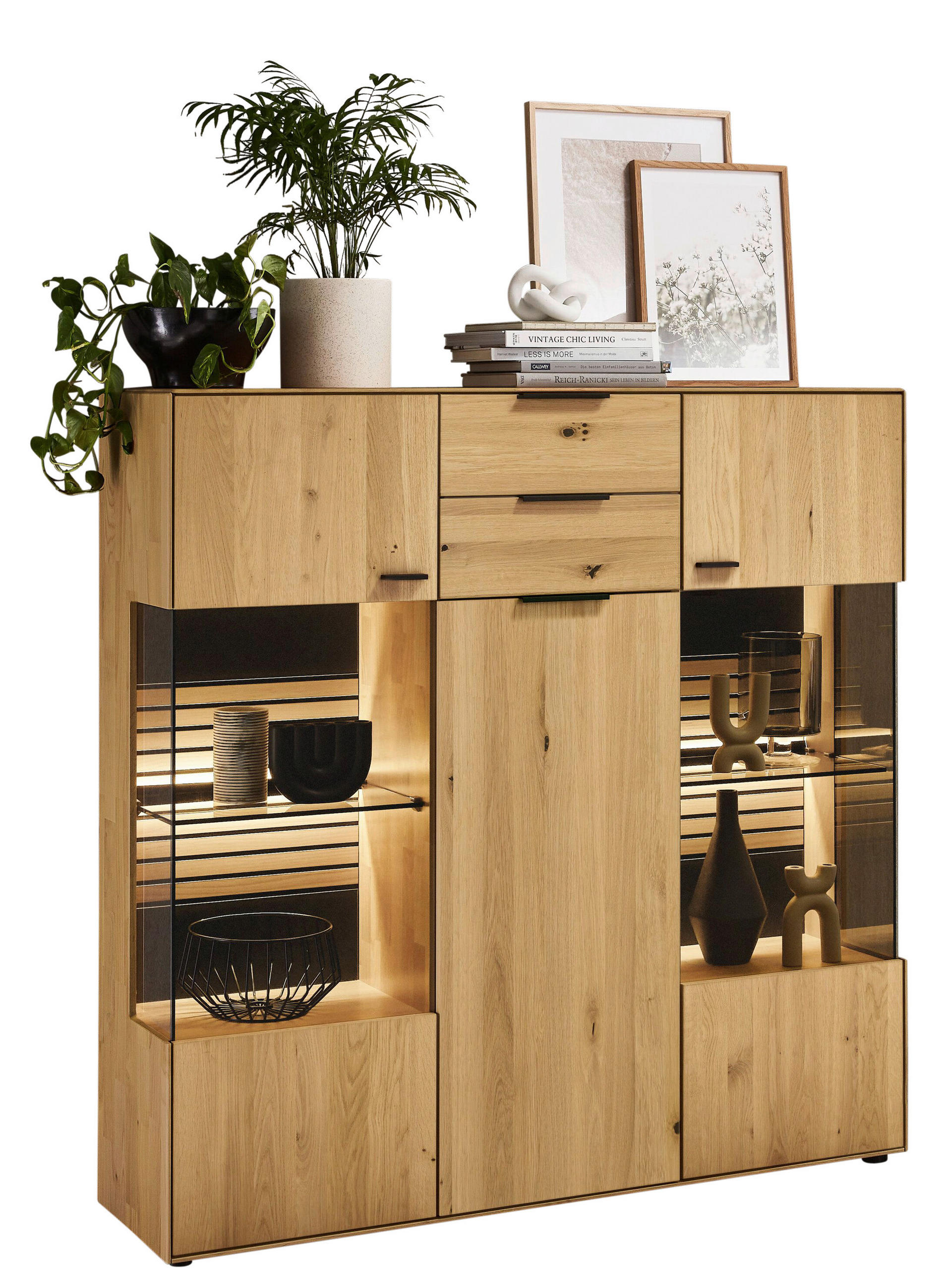HIGHBOARD 136,9/138,3/37,1 cm Wildeiche  136,9/138,3/37,1 cm  - Wildeiche/Dunkelgrau, Natur, Glas/Holz (136,9/138,3/37,1cm) - Valdera
