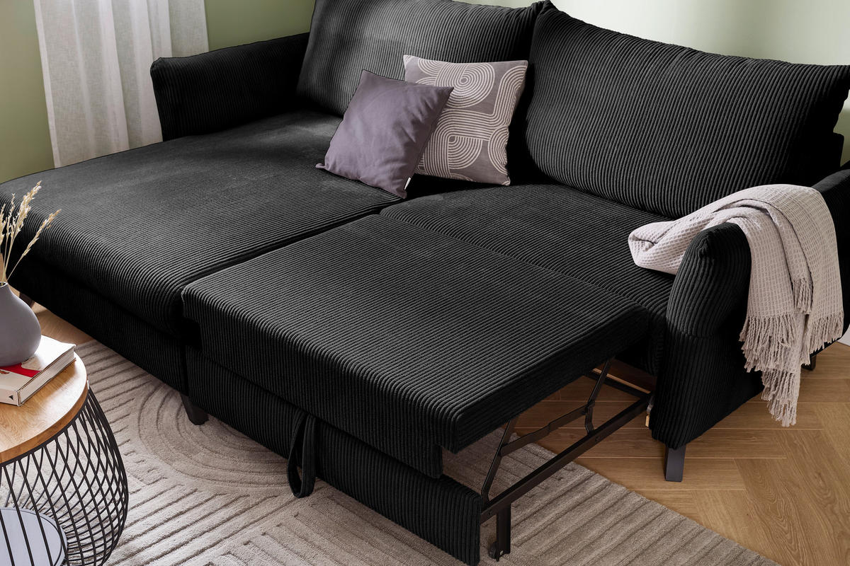 ECKSOFA in Cord Schwarz  - Schwarz, Romantik / Landhaus, Holz/Textil (245/159cm) - Stylife