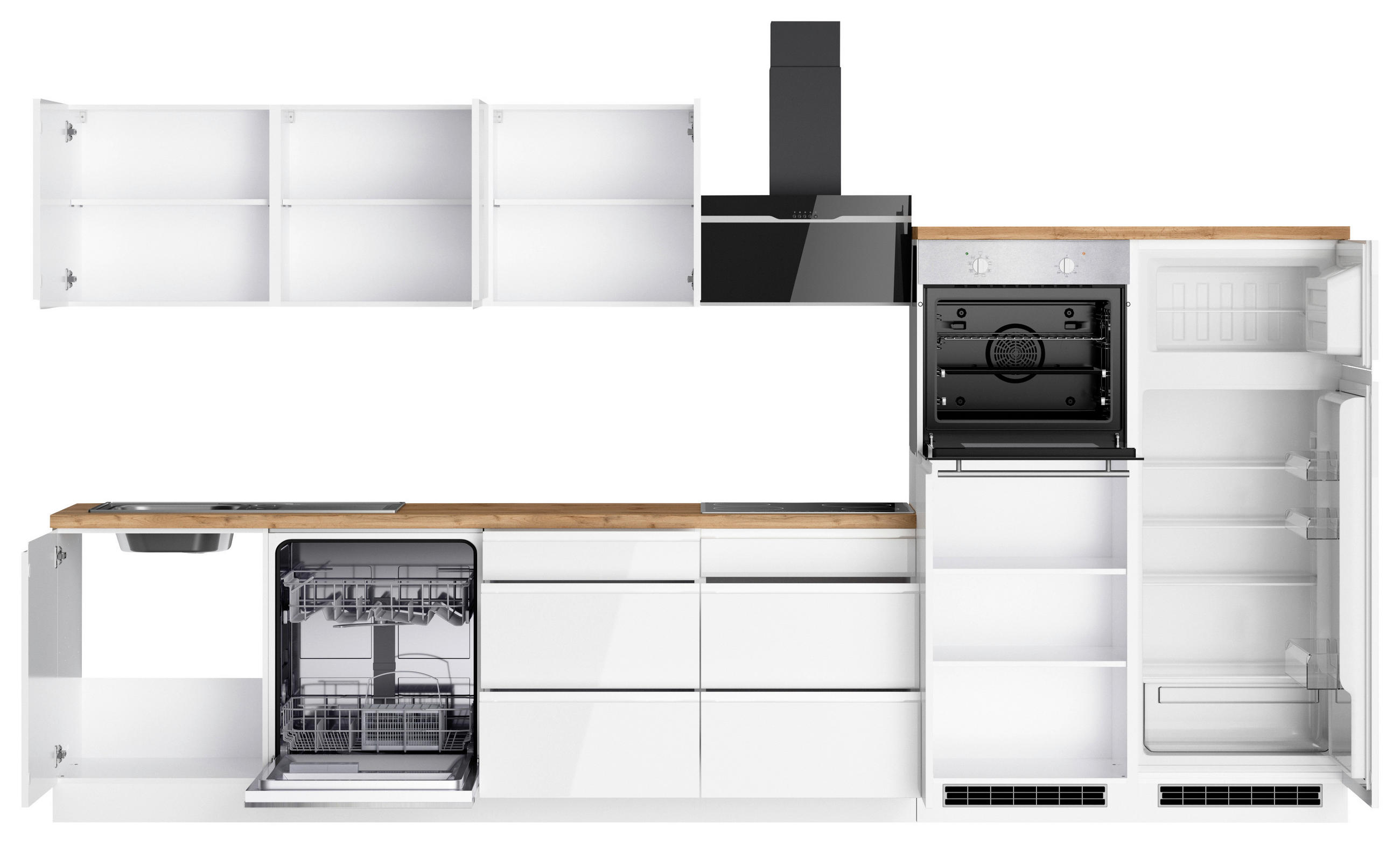 KÜCHENBLOCK 360 cm   in Weiss, Eiche Wotan, Weiss Hochglanz  - Weiss Hochglanz/Weiss, Lifestyle, Holzwerkstoff (360cm) - Held