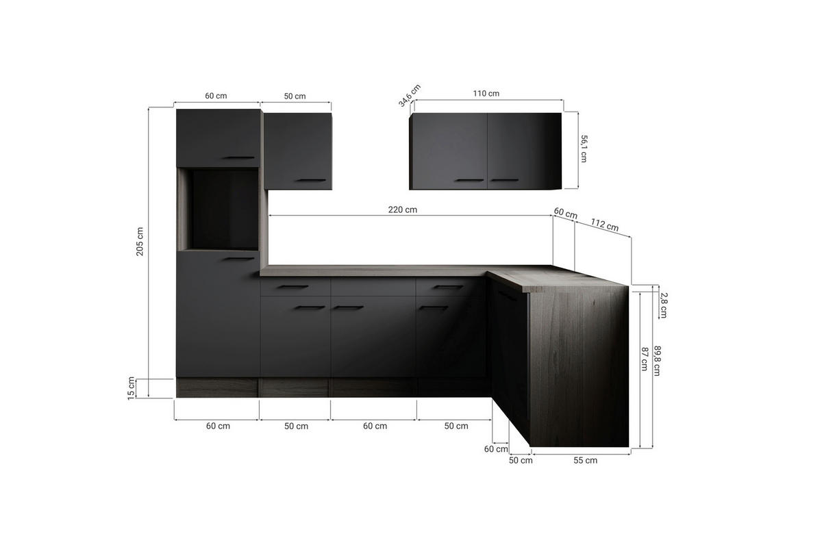 ECKKÜCHE 280/172 cm  in Grau, Eichefarben  - Eichefarben/Schwarz, Design, Holzwerkstoff/Metall (280/172cm) - Respekta