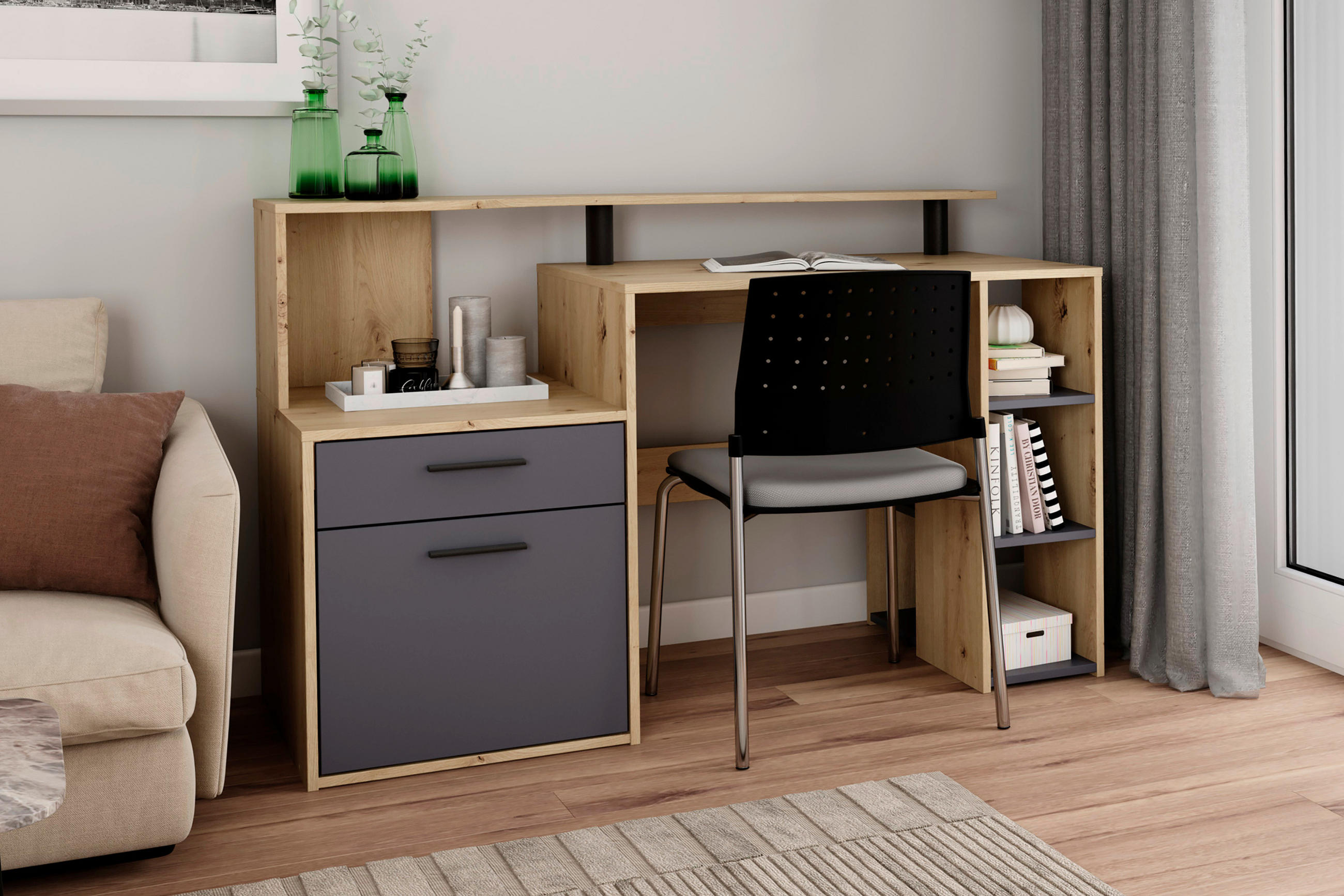 SCHREIBTISCH 140/55/89 cm  in Anthrazit, Eiche Artisan  - Anthrazit/Schwarz, MODERN, Holzwerkstoff/Kunststoff (140/55/89cm) - MID.YOU