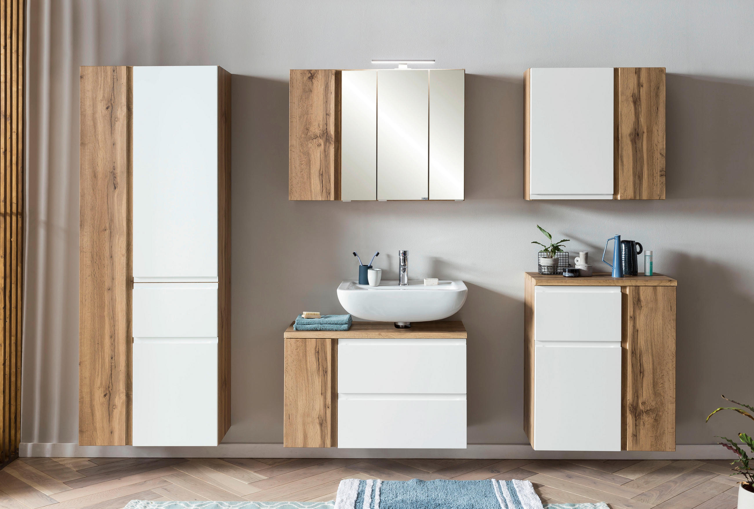 WASCHBECKENUNTERSCHRANK 85/56/35 cm  - Eiche Wotan/Weiß, MODERN, Holzwerkstoff (85/56/35cm) - Held