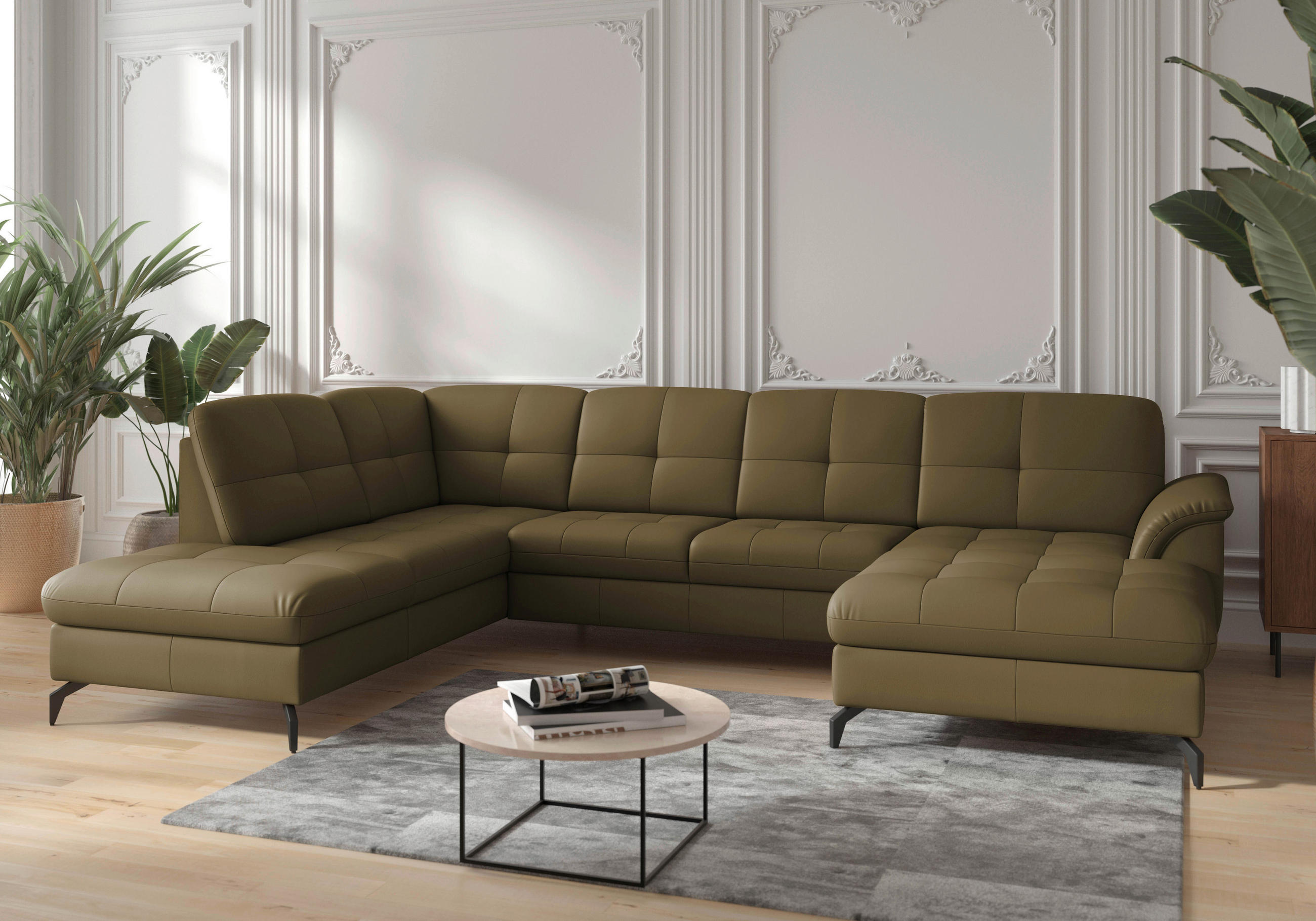 WOHNLANDSCHAFT in Vliesstoff Kombination Echtleder/Stoff Olivgrün - Schwarz/Olivgrün, Modern, Leder/Textil (212/319/164cm) - Sit & More