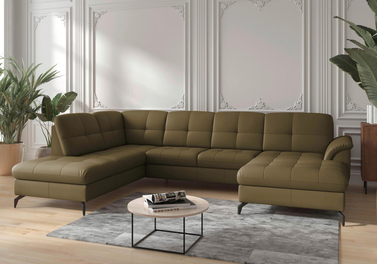 WOHNLANDSCHAFT in Vliesstoff Kombination Echtleder/Stoff Olivgrün  - Schwarz/Olivgrün, Modern, Leder/Textil (212/319/164cm) - Sit & More