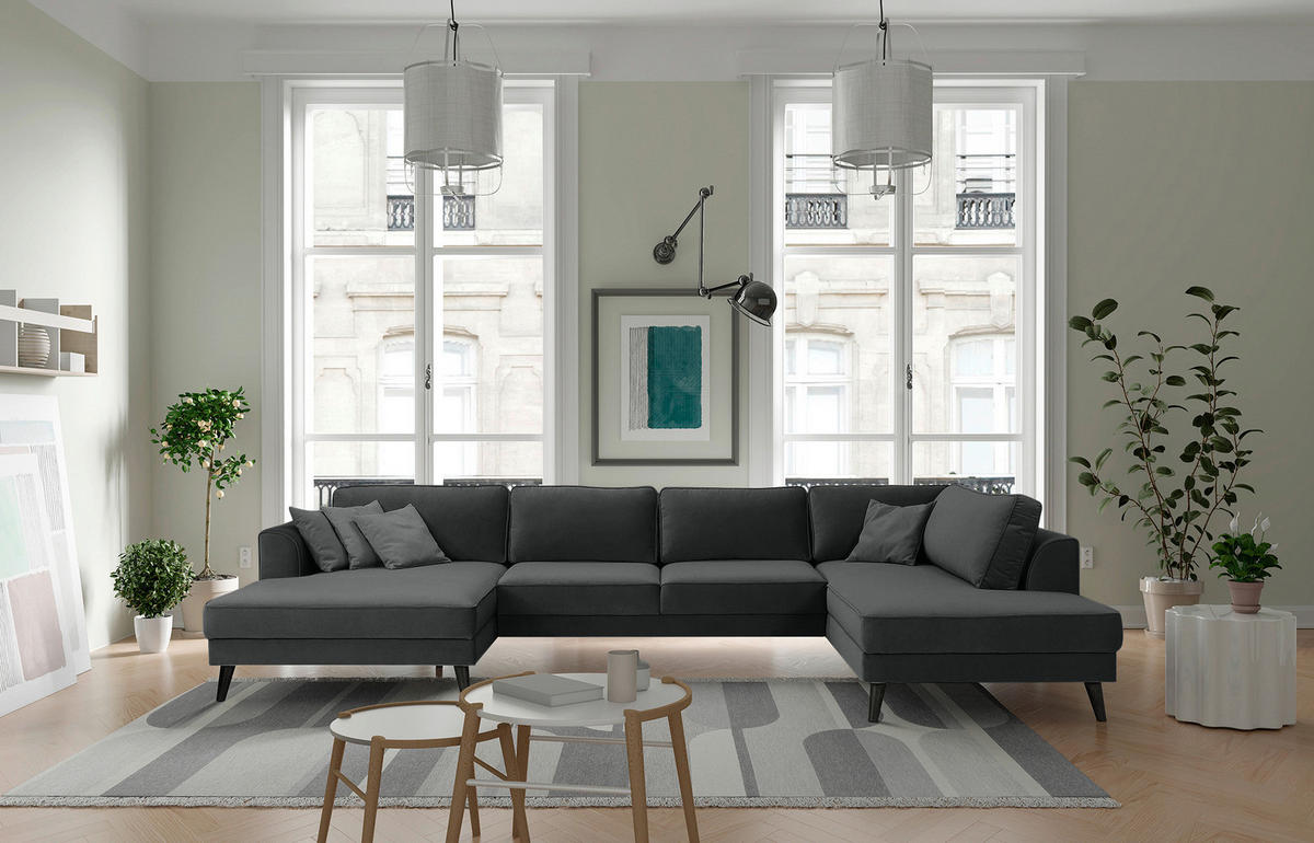 WOHNLANDSCHAFT Anthrazit Velours  - Wengefarben/Anthrazit, MODERN, Holz/Textil (169/348/201cm) - Trendmanufaktur