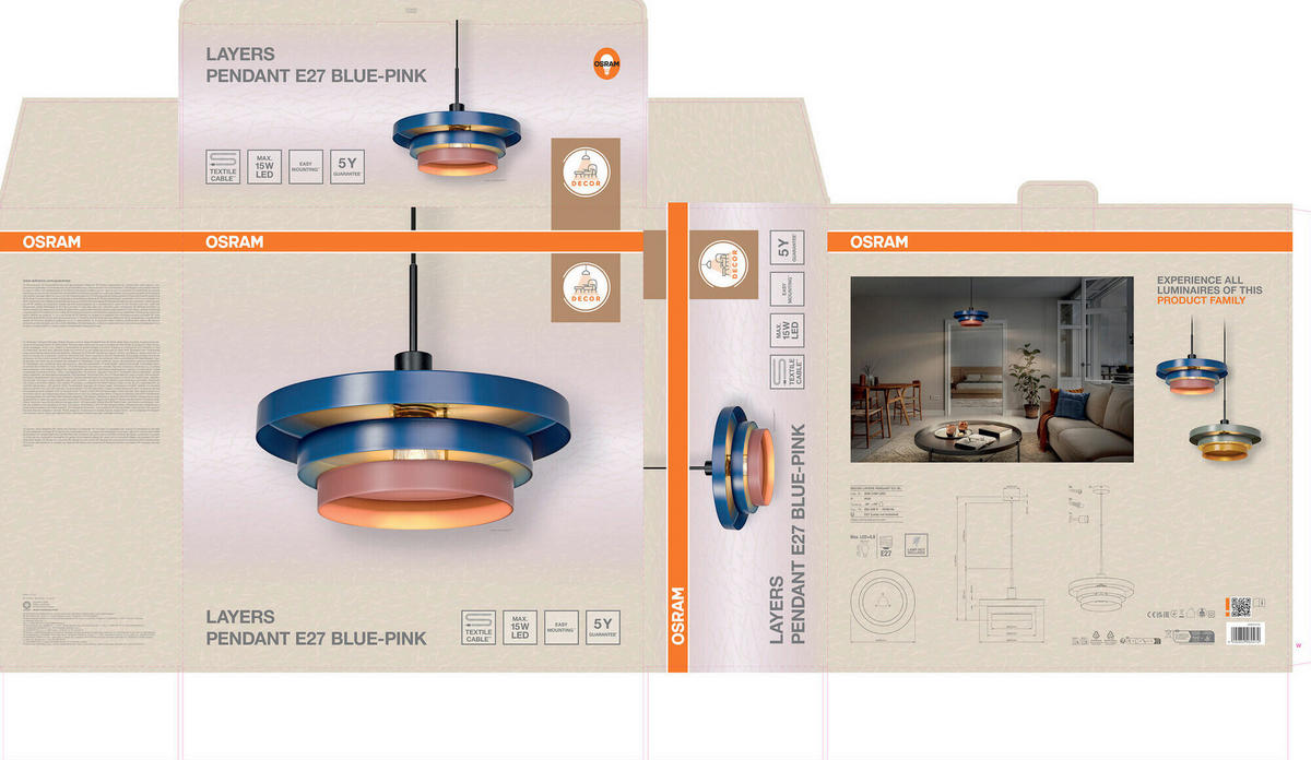 HÄNGELEUCHTE 40/136 cm  - Blau/Rosa, Basics, Metall (40/136cm) - Osram