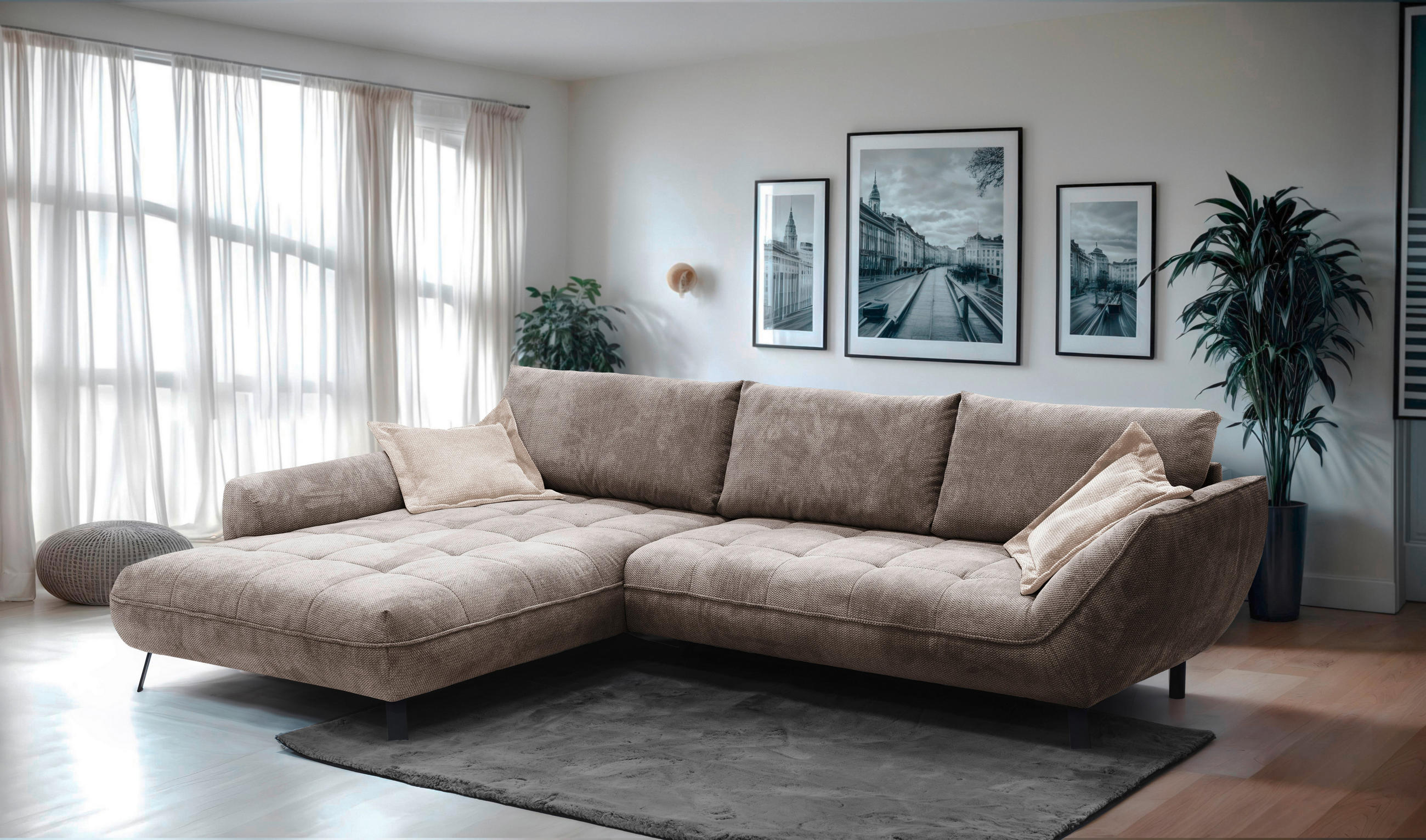 ECKSOFA Cappuccino Struktur  - Beige/Schwarz, Design, Textil/Metall (205/324cm) - Livetastic
