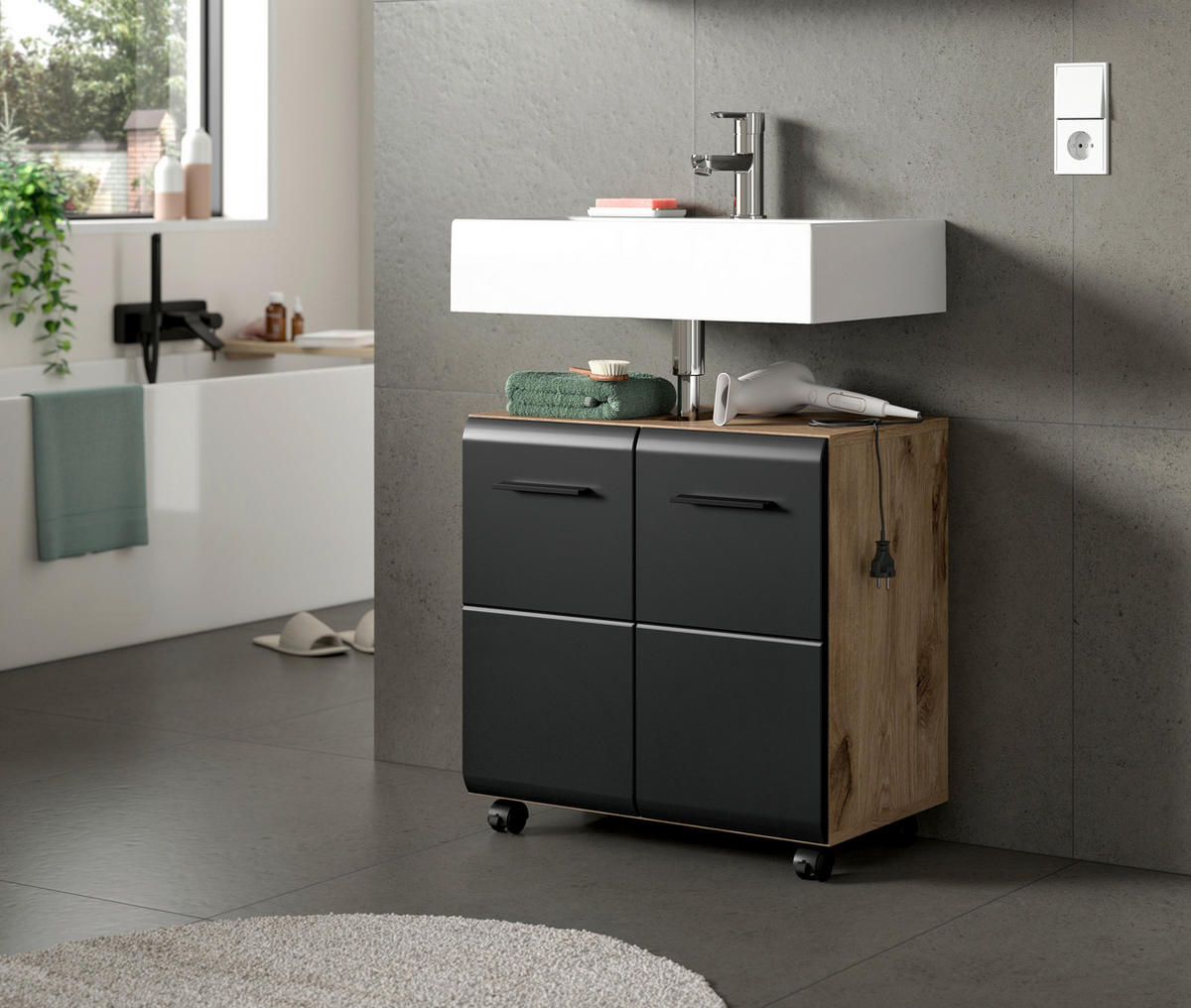 WASCHBECKENUNTERSCHRANK 60/58/30 cm  - Eiche dunkel/Schwarz, Trend, Holzwerkstoff/Kunststoff (60/58/30cm) - MID.YOU