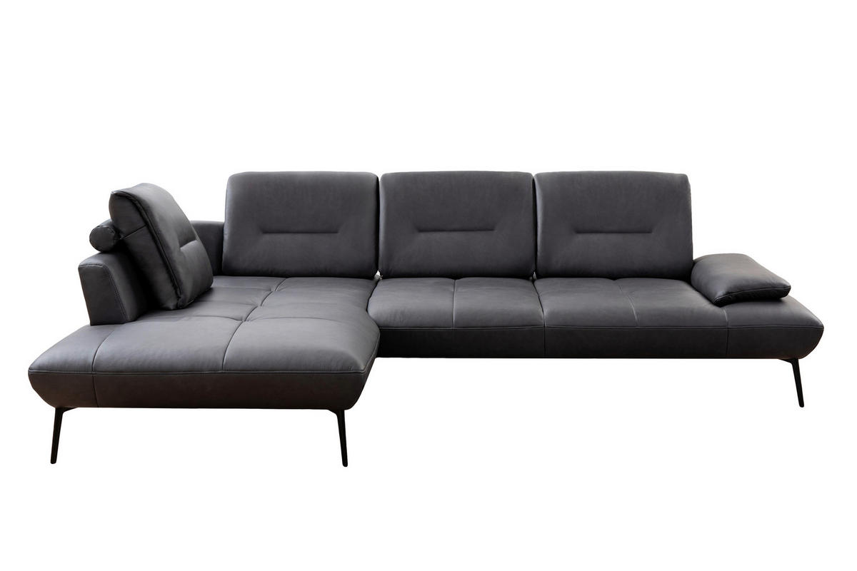 ECKSOFA Anthrazit Echtleder Rücken echt, Sitztiefenverstellung  - Anthrazit/Schwarz, Design, Leder/Metall (190/320cm) - Moderano