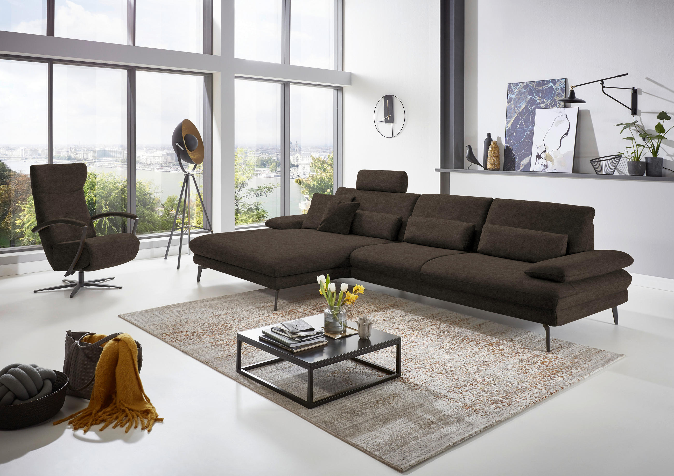 ECKSOFA in Velours Dunkelbraun  - Dunkelbraun/Schwarz, Design, Textil/Metall (180/310cm) - Dieter Knoll