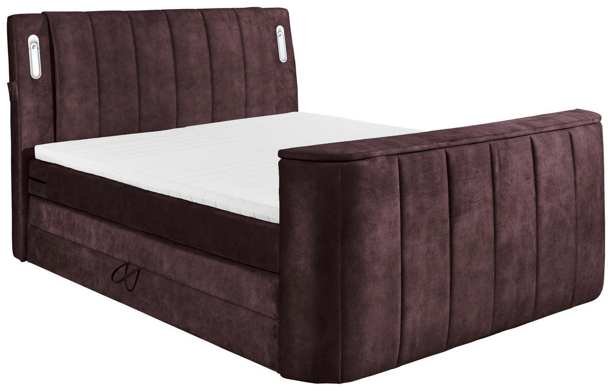BOXSPRINGBETT 180/200 cm,  in Aubergine, gepolstertes Kopfteil, Bettkasten, Topper, H2 + H2 = mittel  - Aubergine, MODERN, Holzwerkstoff/Kunststoff (180/200cm) - MID.YOU