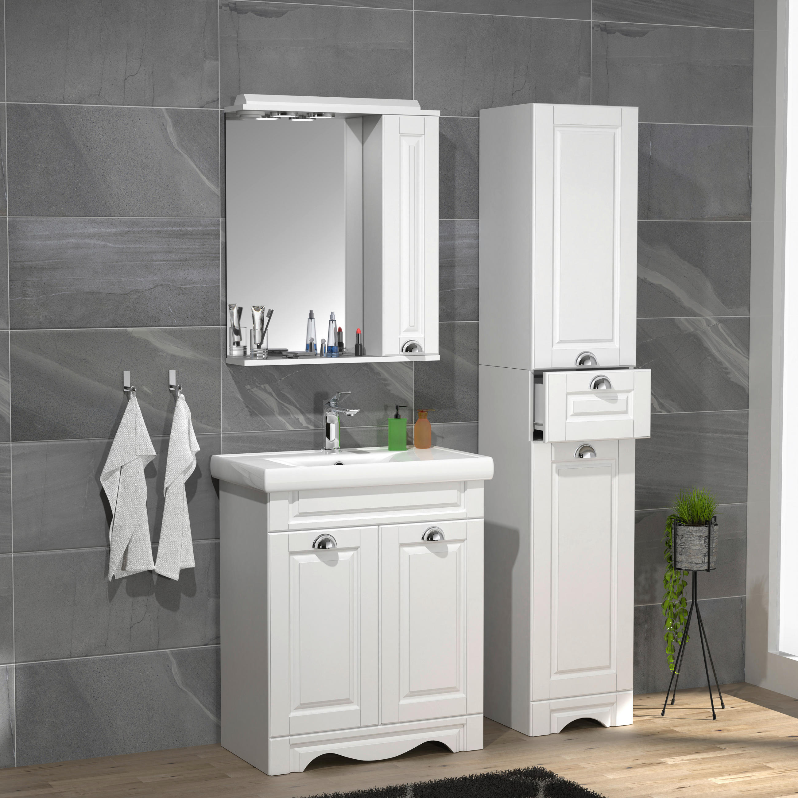 BADEZIMMER 4-teilig  in 96 cm  - Silberfarben/Weiß, MODERN, Glas/Keramik (96cm) - MID.YOU