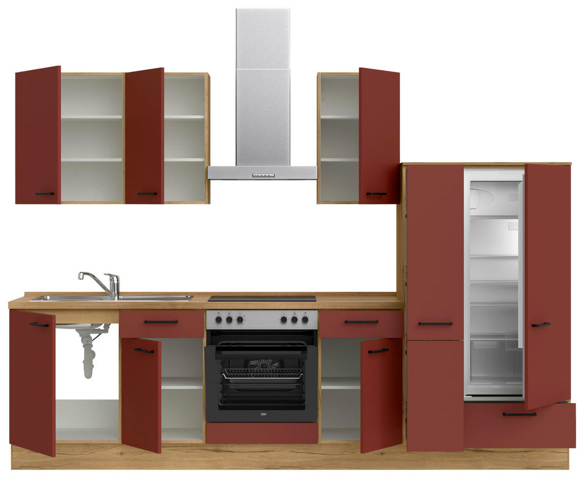 KÜCHENLEERBLOCK 300 cm   in Rot, Eichefarben  - Eichefarben/Rot, MODERN, Holzwerkstoff/Metall (300cm) - Nobilia