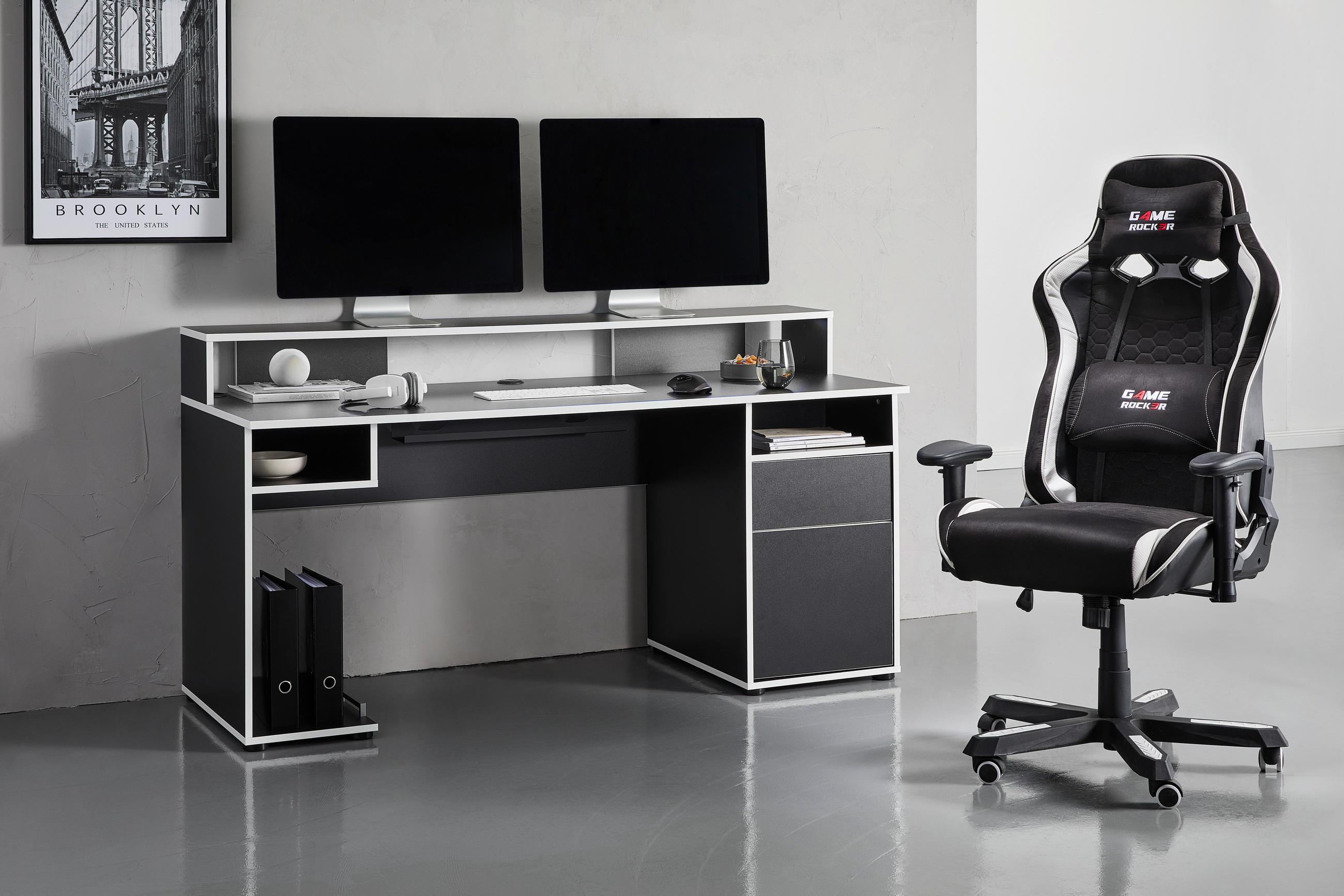 GAMINGTISCH 170/65/92 cm  in Schwarz, Weiß  - Schwarz/Weiß, MODERN, Holzwerkstoff (170/65/92cm) - Novel