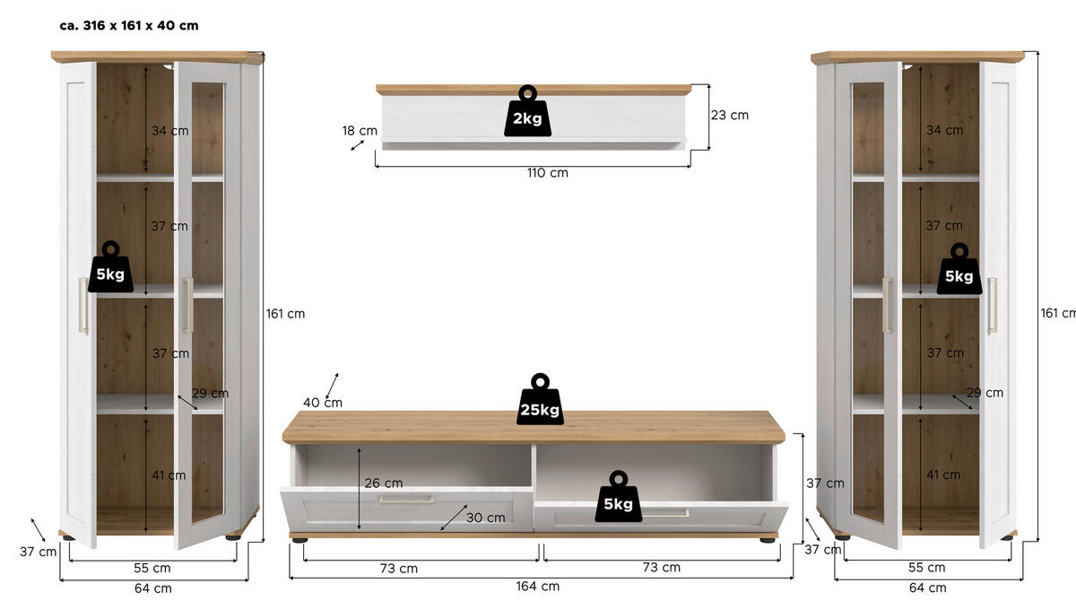 WOHNWAND 4-teilig  in Lärchefarben, Eiche Artisan  316/161/40 cm  - Silberfarben/Lärchefarben, Design, Holzwerkstoff/Kunststoff (316/161/40cm) - Livetastic