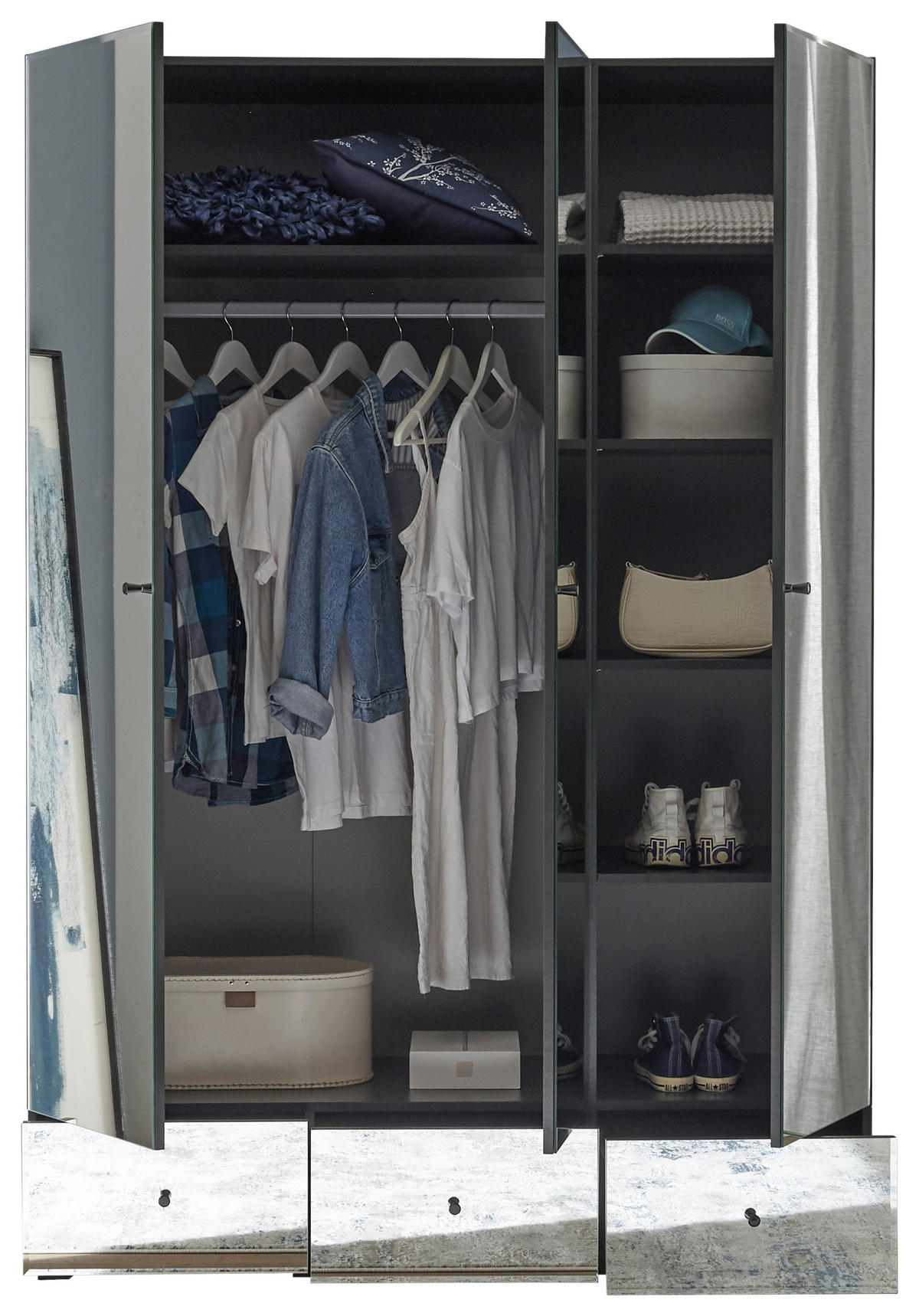 KLEIDERSCHRANK 135/195/55 cm,  in Graphitfarben, 3-türig  - Schwarz/Graphitfarben, KONVENTIONELL, Glas/Holzwerkstoff (135/195/55cm) - Boxxx