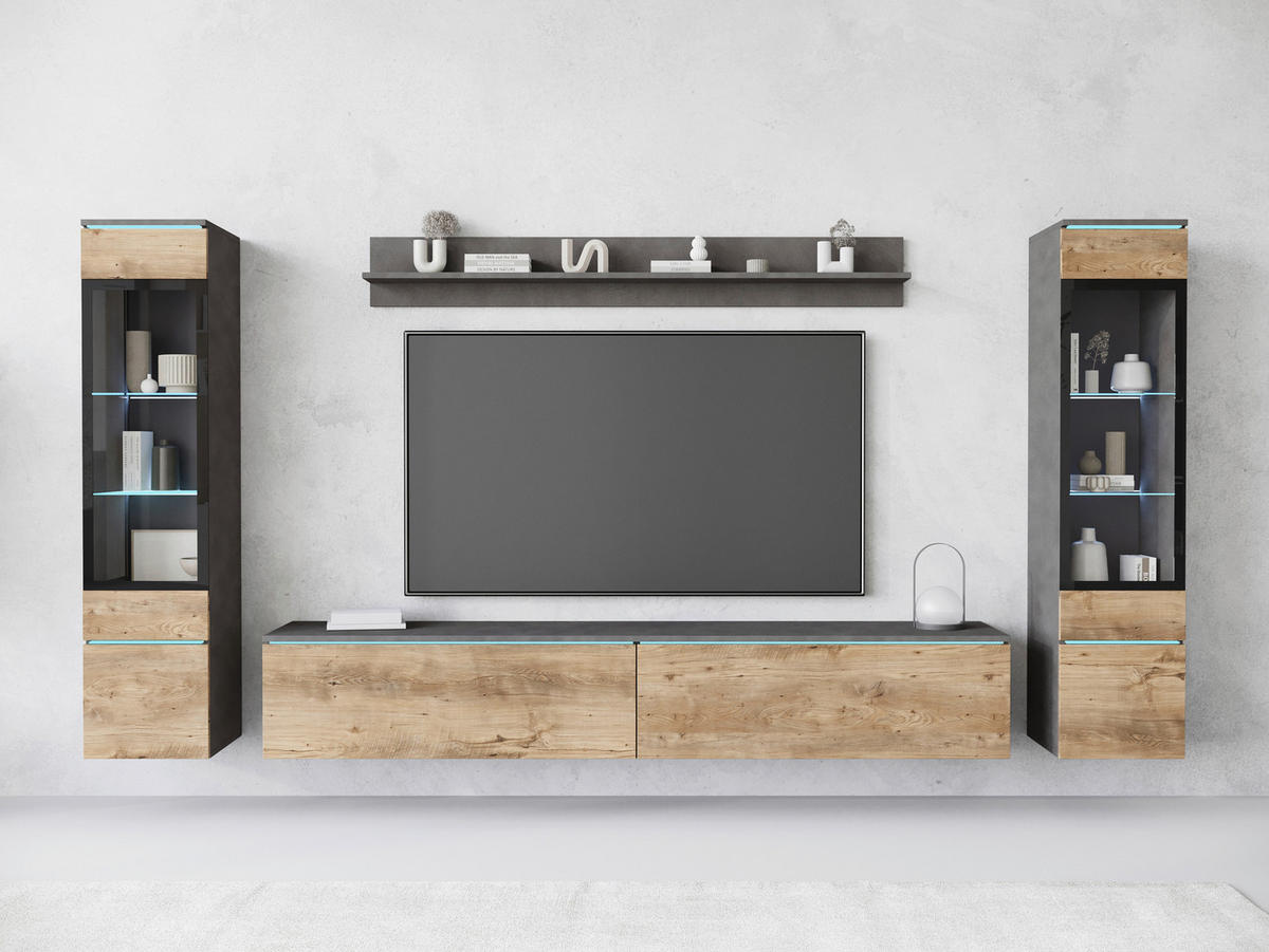 WOHNWAND Vera 4-teilig  in Anthrazit, Kastanieneichefarben  240/130/33 cm  - Kastanieneichefarben/Anthrazit, Trend, Glas/Holzwerkstoff (240/130/33cm)