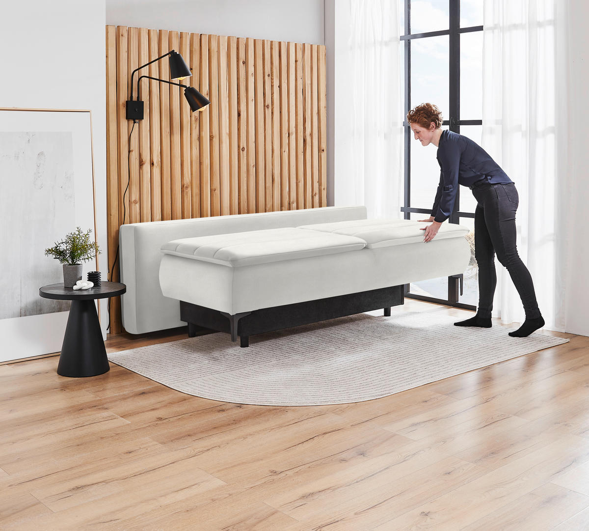 BOXSPRINGSOFA in Flachgewebe Weiss  - Weiss/Schwarz, Konventionell, Textil/Metall (204/93/100cm) - Livetastic