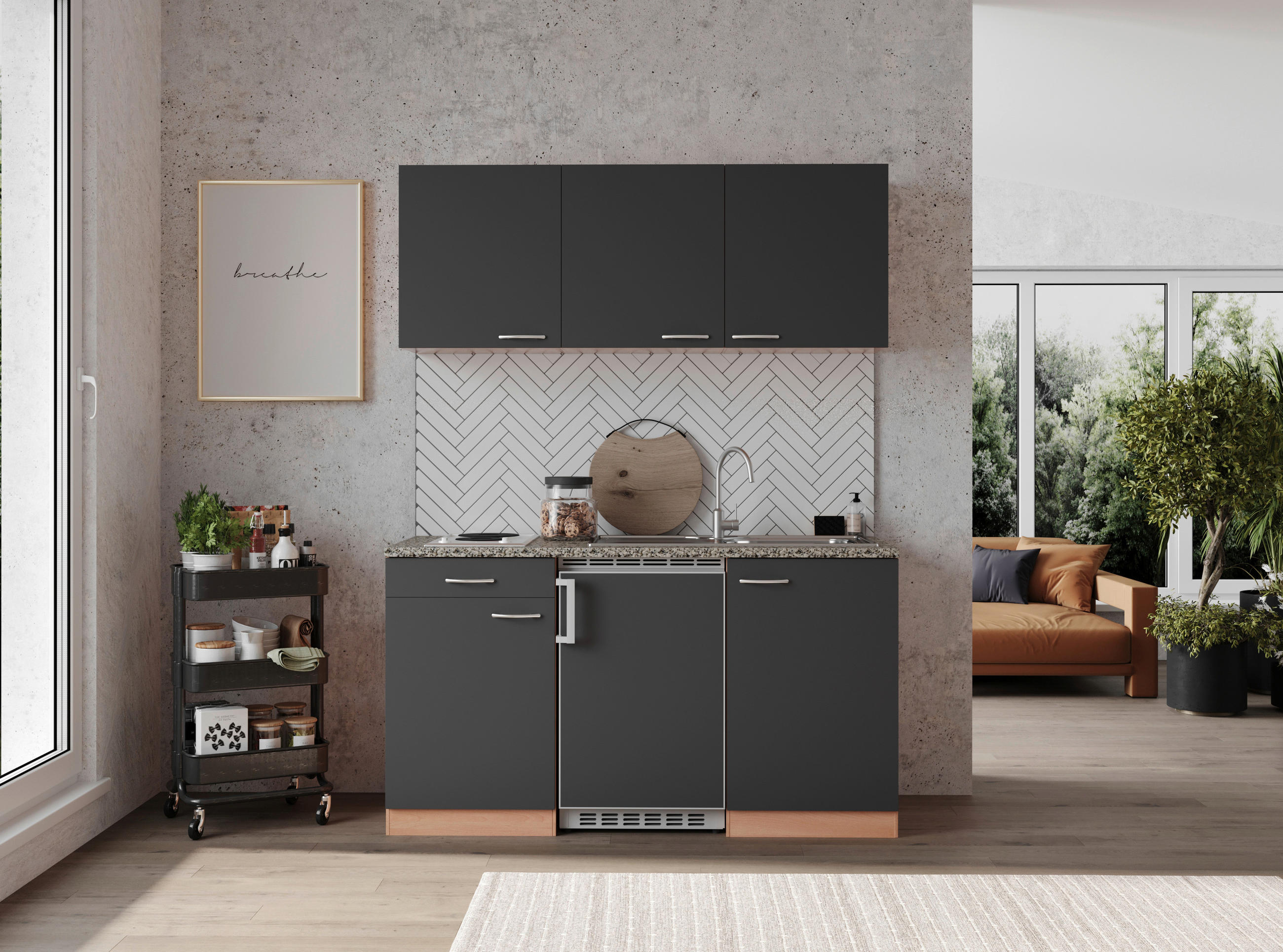 MINIKÜCHE 150 cm   in Grau, Buchefarben  - Buchefarben/Alufarben, KONVENTIONELL, Holzwerkstoff/Kunststoff (150cm) - Respekta