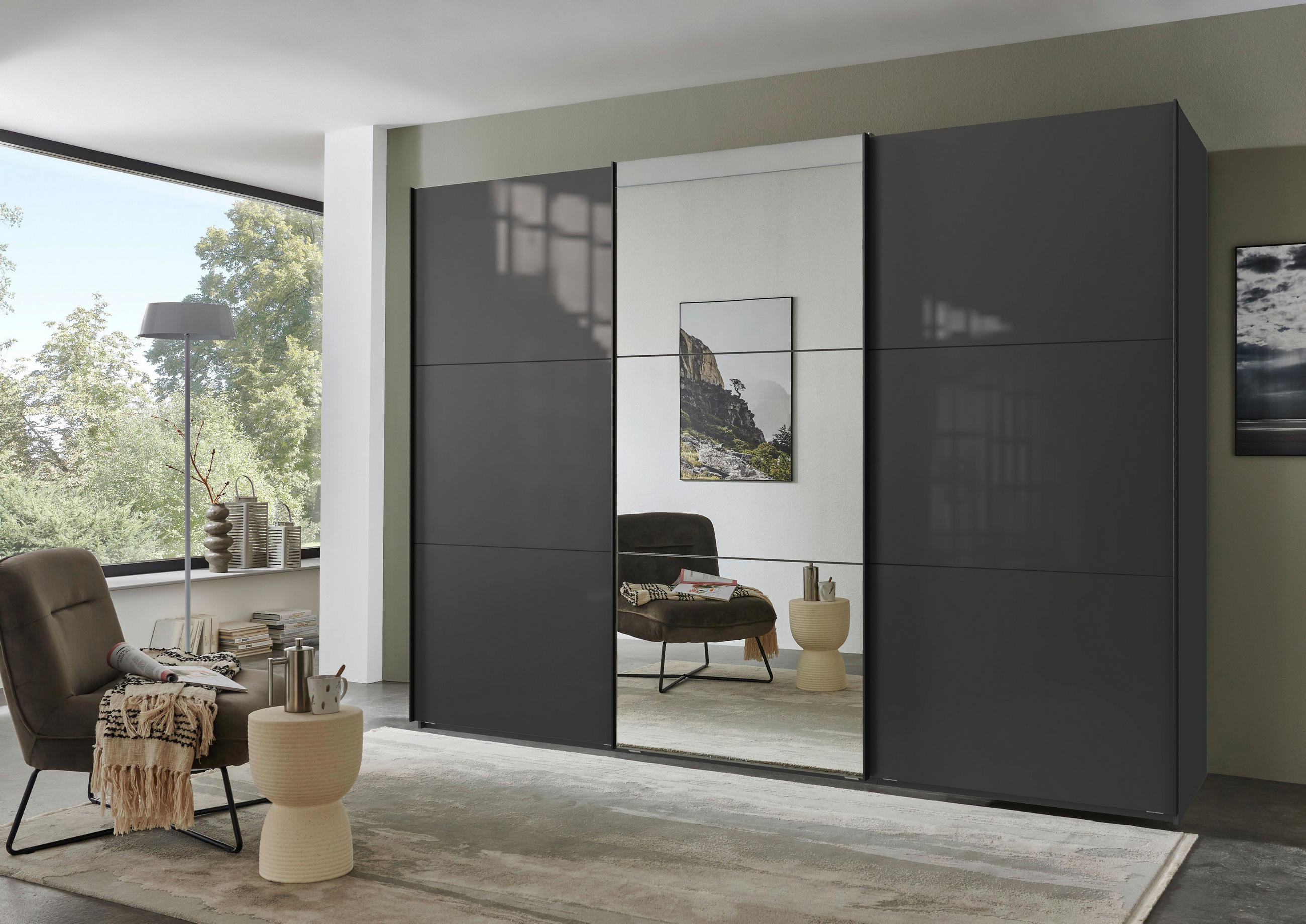 SCHWEBETÜRENSCHRANK in Graphitfarben, Grau  - Schwarz/Graphitfarben, Konventionell, Glas/Holzwerkstoff (300/216/65cm) - Stylife