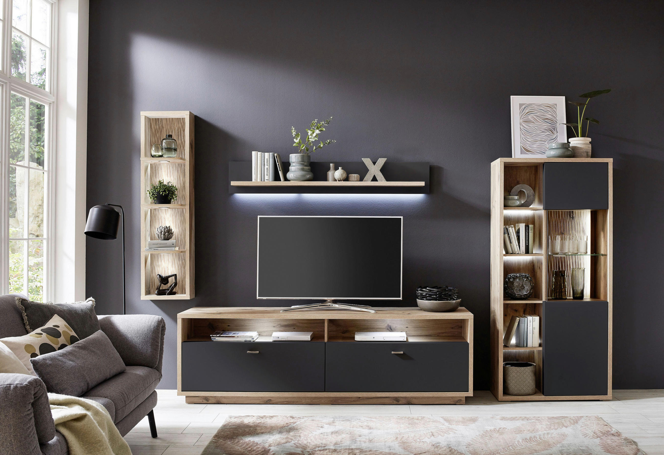 WOHNWAND Eichefarben, Dunkelgrau Einlegeböden - Eichefarben/Dunkelgrau, Design, Glas/Holzwerkstoff (329/206/50cm) - Stylife