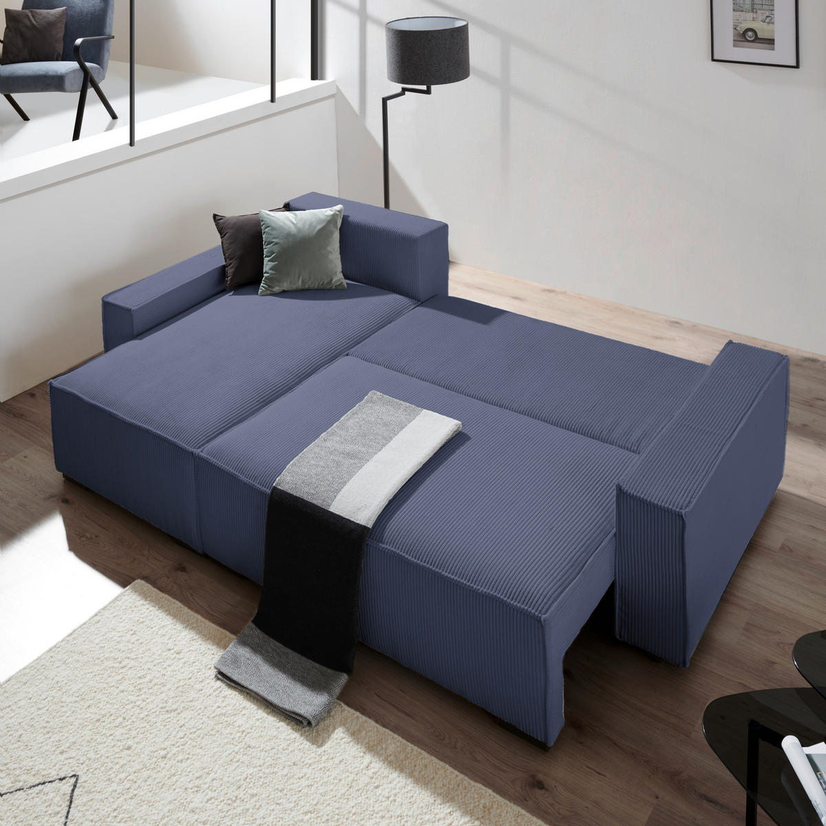 ECKSOFA in Cord, Webstoff Blau  - Blau/Schwarz, Modern, Holz/Textil (157/265cm) - Carryhome