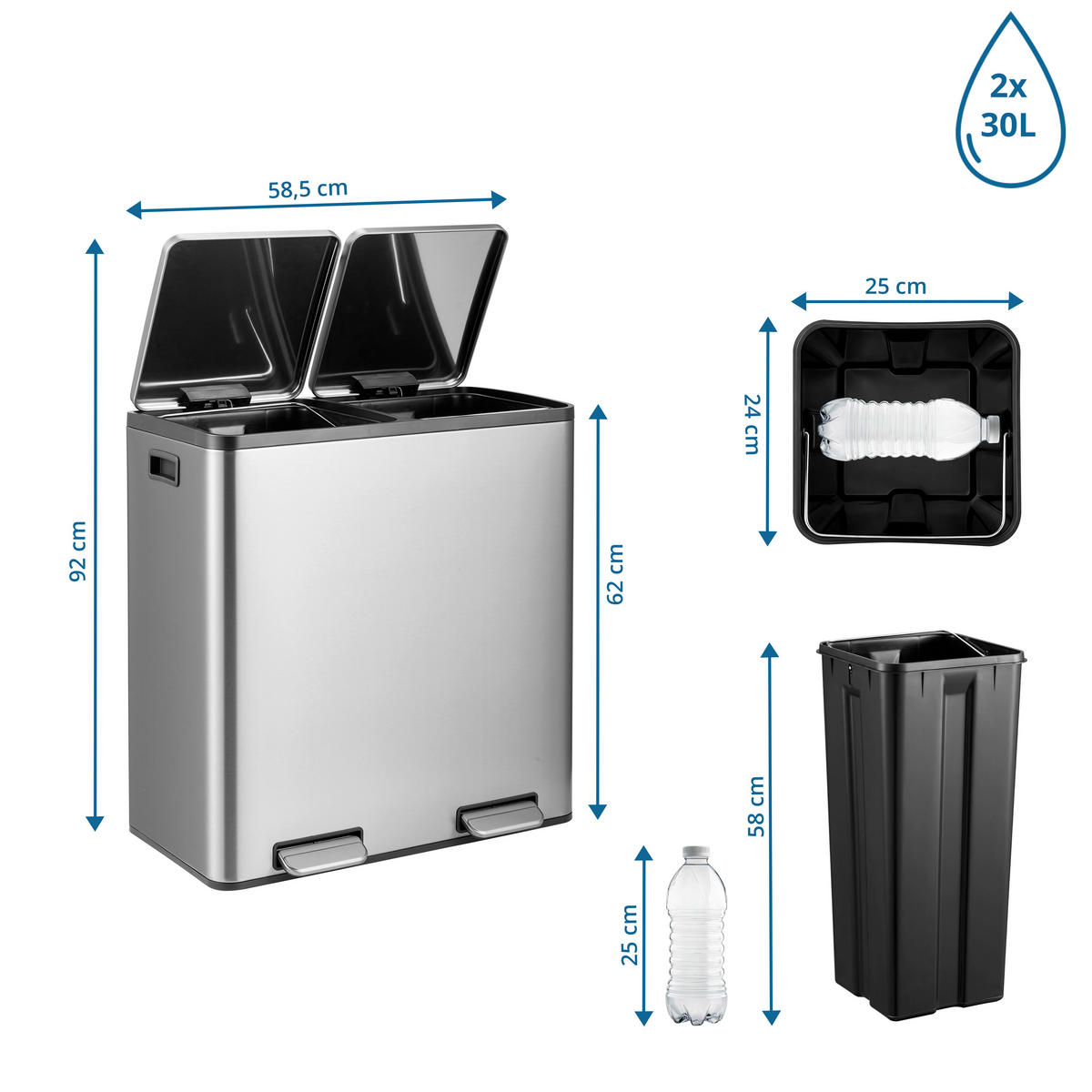 ABFALLEIMER 60 l  Metall  - Silberfarben/Schwarz, MODERN, Kunststoff/Metall (58,5/62/32cm) - MID.YOU