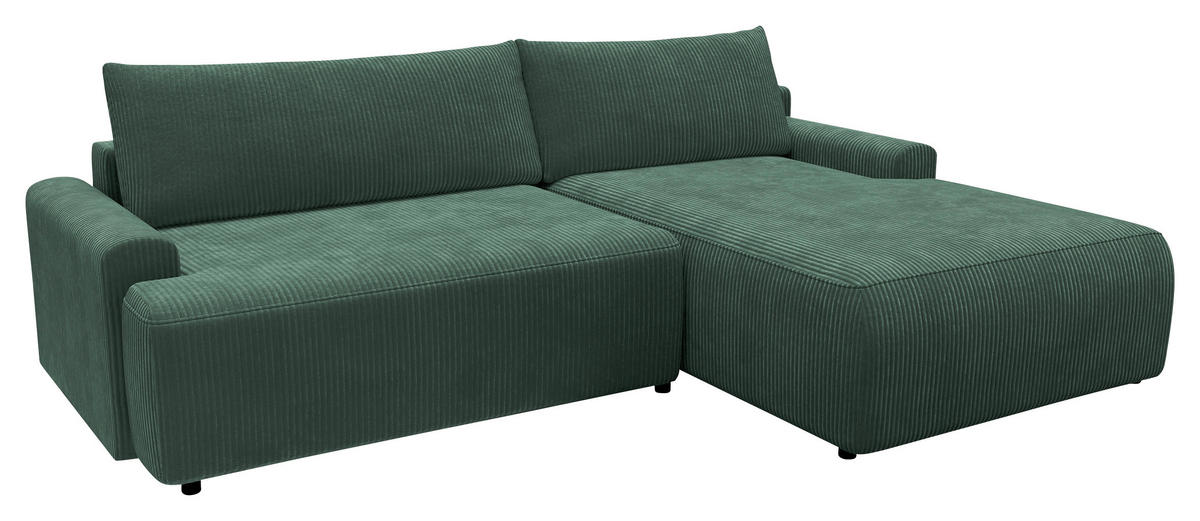 ECKSCHLAFSOFA  mit Schlafen auf Sitzhöhe, Rücken echt, Armteil links, Armteil rechts Cord Dunkelgrün  - Dunkelgrün/Schwarz, MODERN, Kunststoff/Textil (253/167cm) - Trendmanufaktur