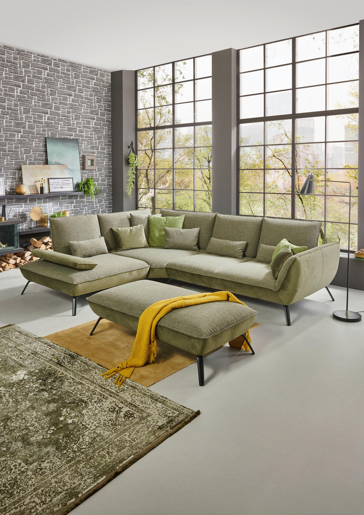 ECKSOFA Flachgewebe Olivgrün  - Schwarz/Olivgrün, Design, Textil/Metall (310/250cm) - Moderano