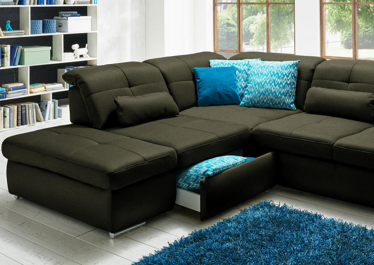 WOHNLANDSCHAFT  in Mikrofaser Olivgrün  - Chromfarben/Olivgrün, Design, Holzwerkstoff/Textil (260/371/195cm) - Beldomo Style