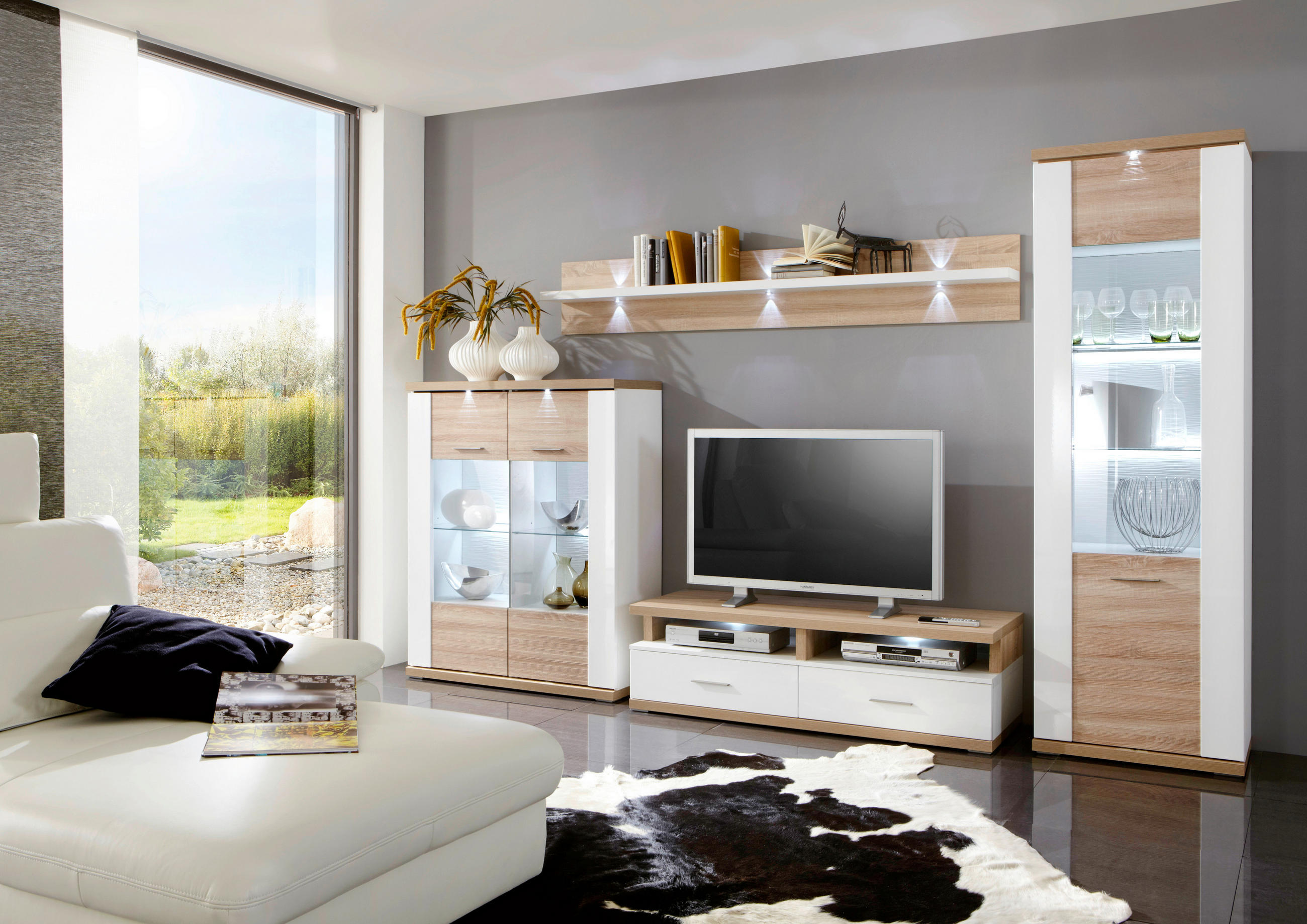 WOHNWAND Manhattan in Weiß, Eichefarben 330,3/206/50 cm - Eichefarben/Schwarz, Design, Glas/Holzwerkstoff (330,3/206/50cm) - Xora