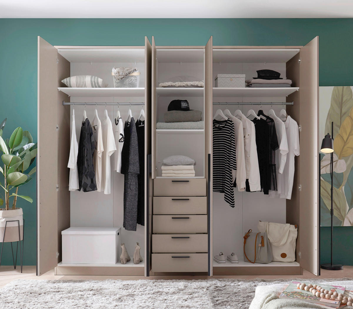 KLEIDERSCHRANK 225/210/52 cm,  in Kaschmir, 5-türig  - Kaschmir/Schwarz, KONVENTIONELL, Holzwerkstoff/Kunststoff (225/210/52cm) - Livetastic
