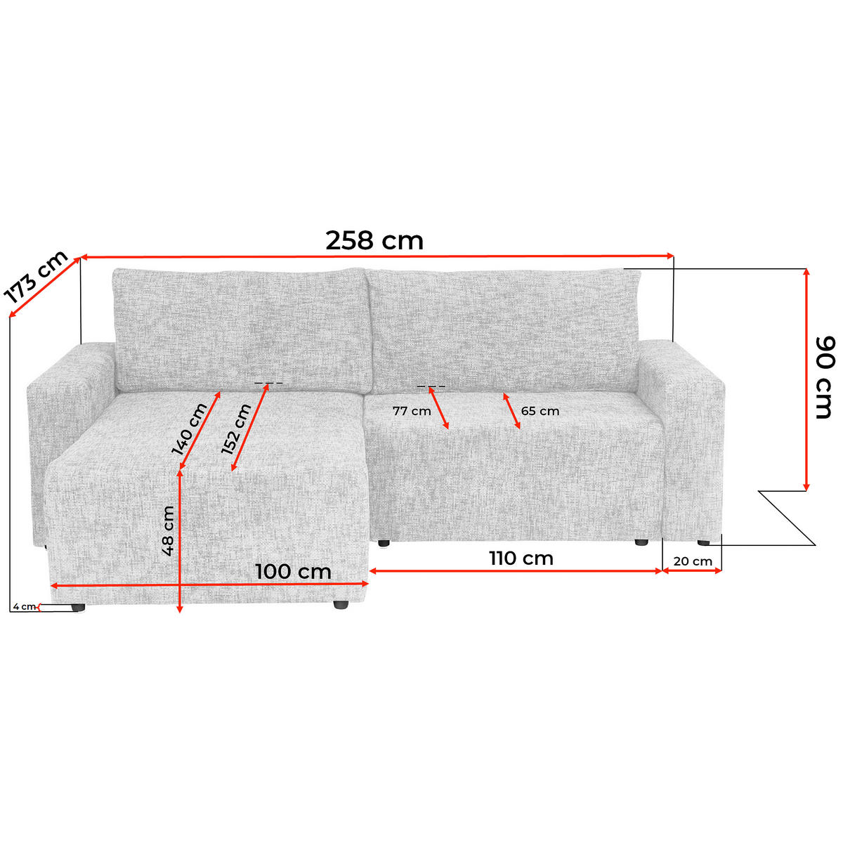 Colțar Extensibil, lemn, metal, plastic, textil, bej, 173/258 cm - bej/negru, Modern, plastic/lemn (173/258cm) - Carryhome