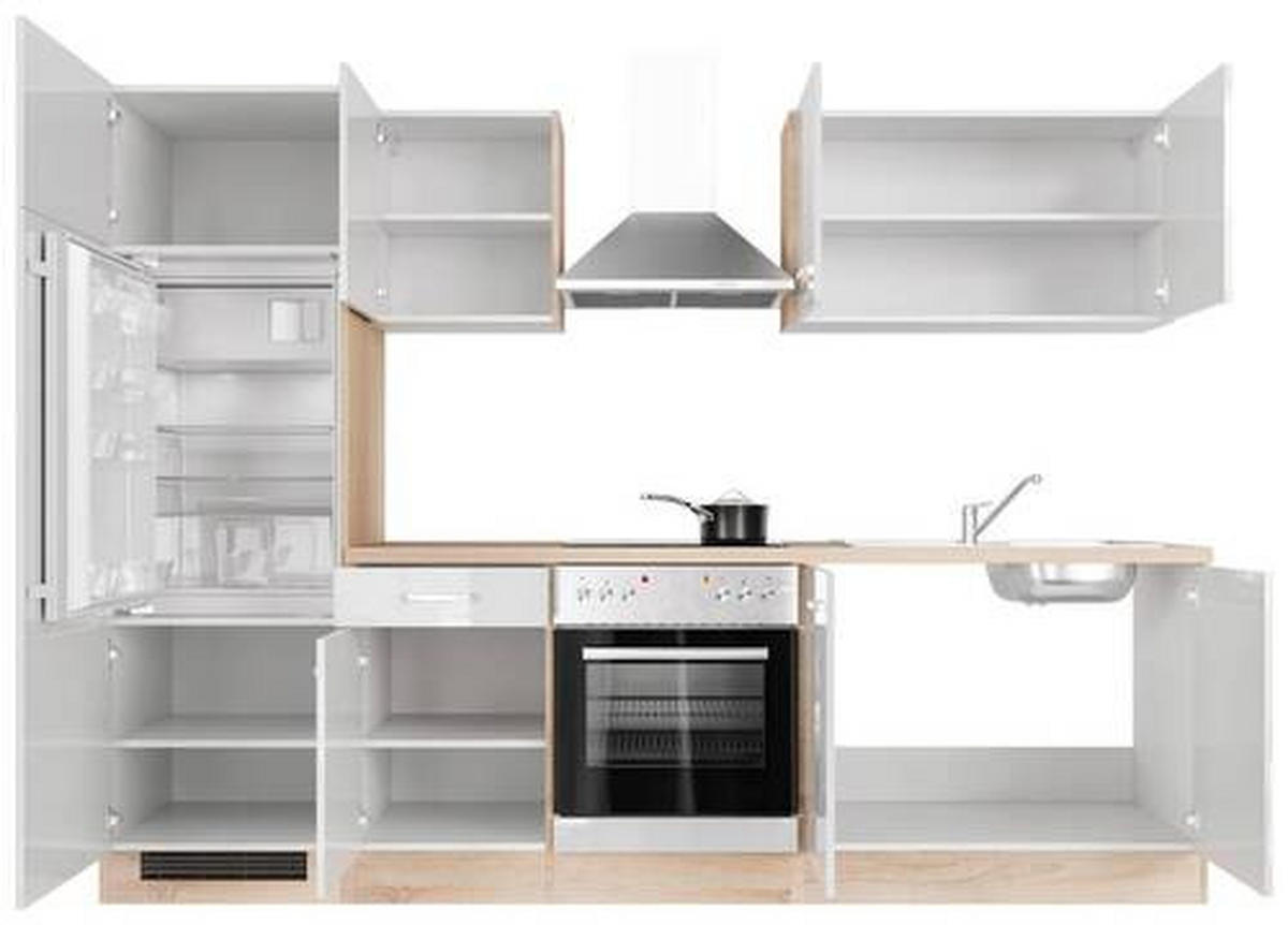 KUCHYNSKÁ LINKA VALERO 270 - biela s vysokým leskom/farba ušľachtilej ocele, Modern, kov/kompozitné drevo (270cm) - FlexWell