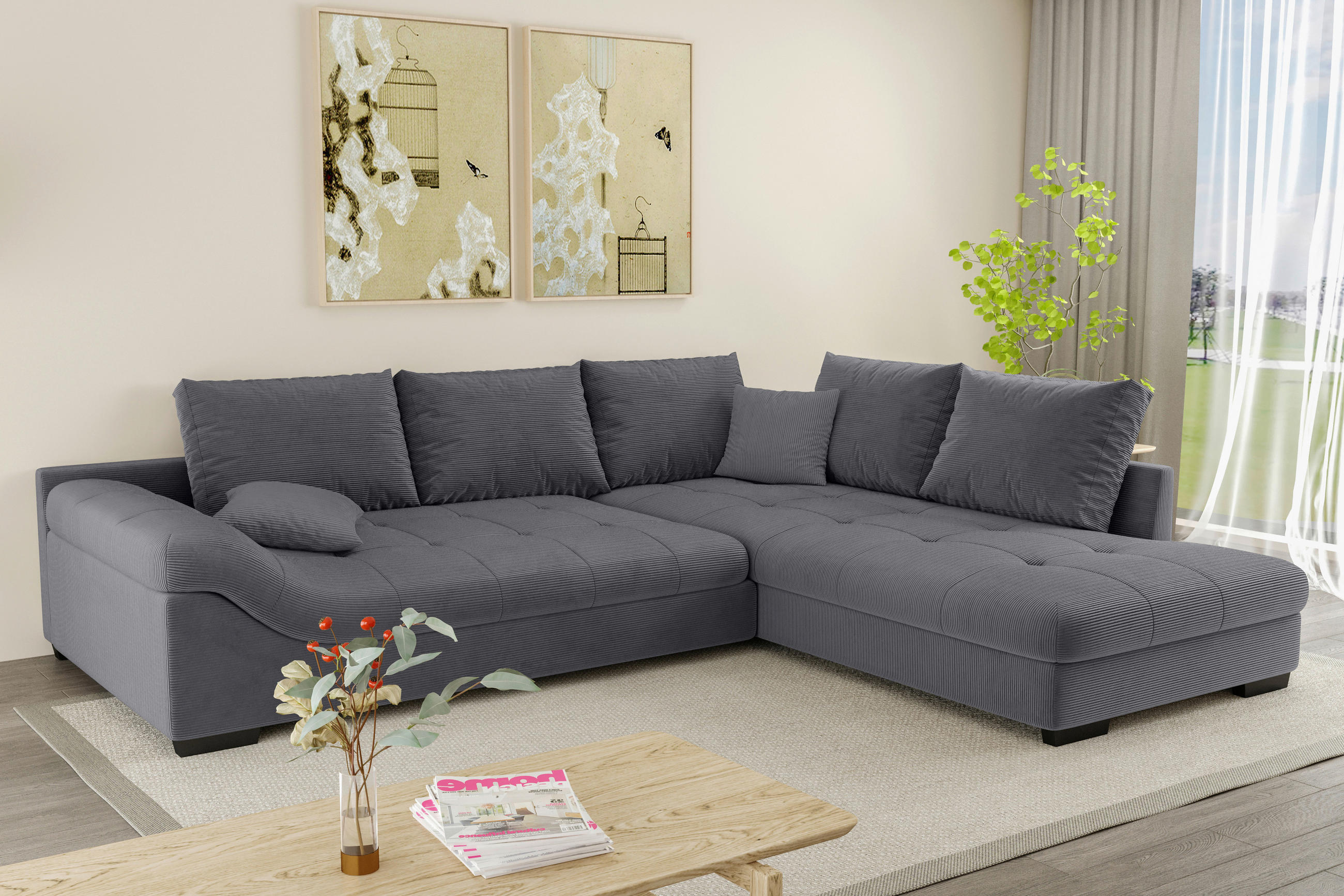 ECKSOFA in Cord Graphitfarben  - Schwarz/Graphitfarben, Konventionell, Holz/Textil (298/202cm) - MID.YOU